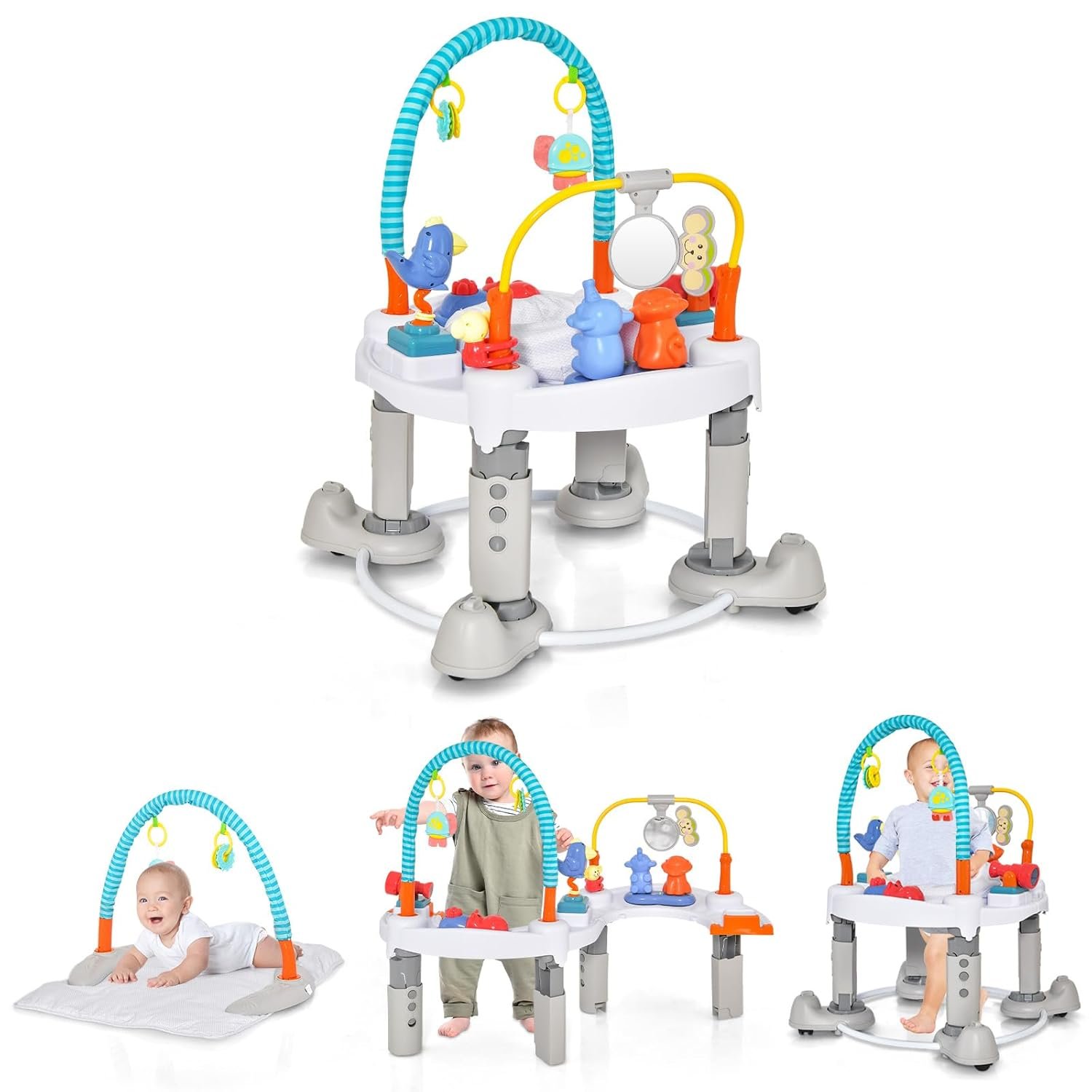 INFANS Baby Bouncer Activity Center, 5 in 1 Toddler Bouncing Activity Saucer Playtime Mat Activity Table with 360°Rotating Seat, 3 Adjustable Height, Foldable Exersaucer Learning Walker (Light Grey)