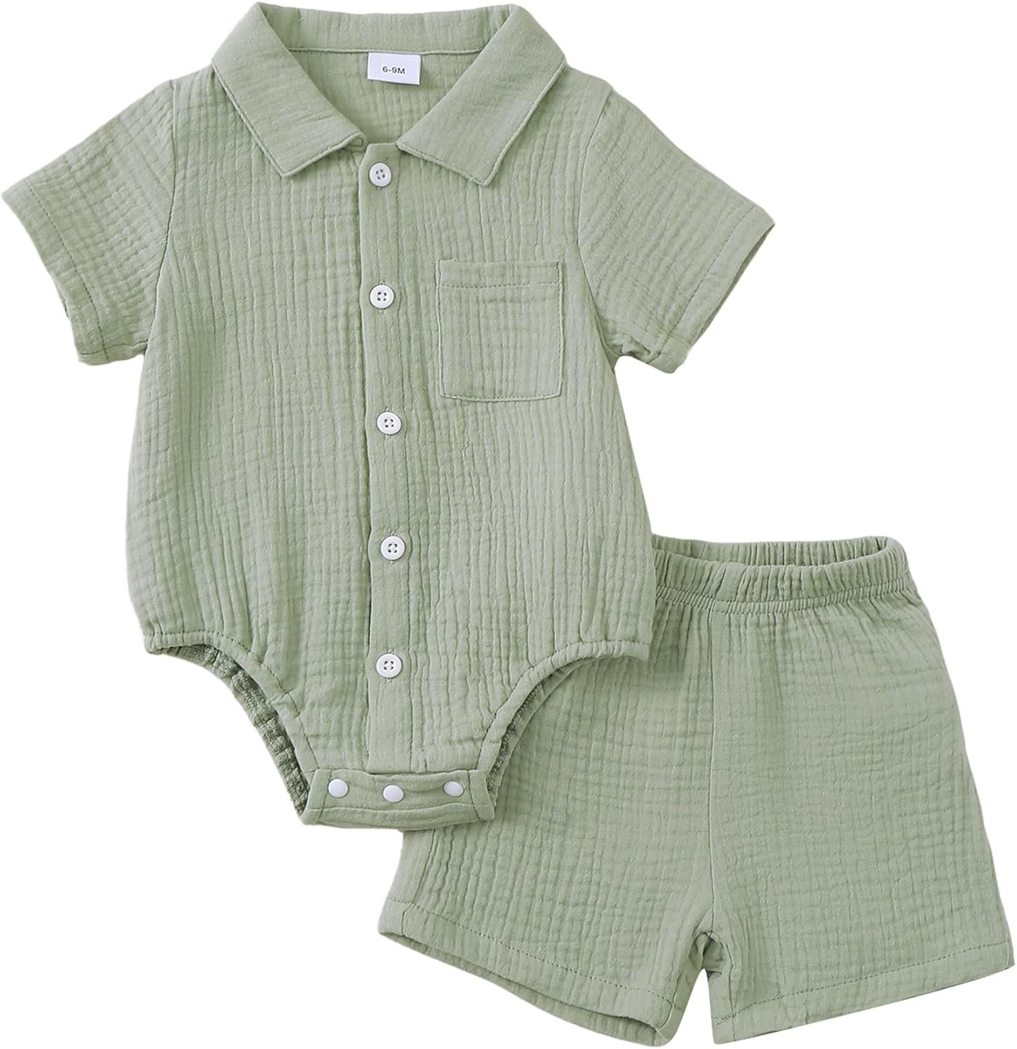 Jecson Newborn Boy Clothes Baby Boy Outfits Summer Cotton 2 Piece Set with Button Down Bodysuit and Shorts 0-18M