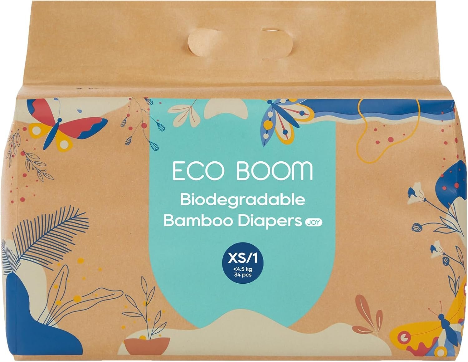 ECO BOOM Bamboo Viscose Baby Diapers, Size 1, 34 Count, Soft & Absorbent Disposable Diapers for Sensitive Skin, Breathable Leak Protection, Eco-Friendly Paper Packaging