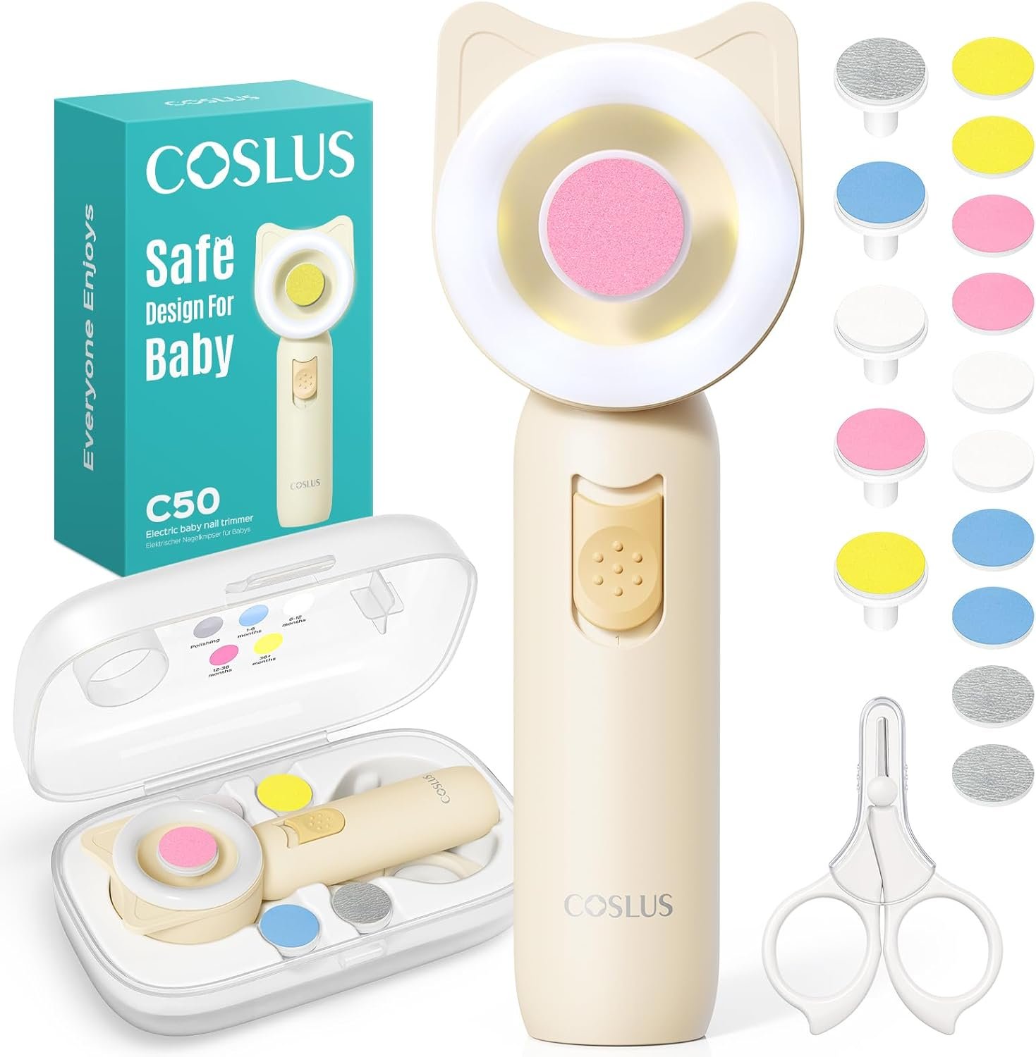 COSLUS C50 Baby Nail File, Baby Nail Trimmer Electric, Baby Nail Clipper – Gentle, Quiet with 360° Light, Safe for Sleep Time Grinding, 16-in-1 Kit for Newborn, Infant & Toddler, Lemon Yellow