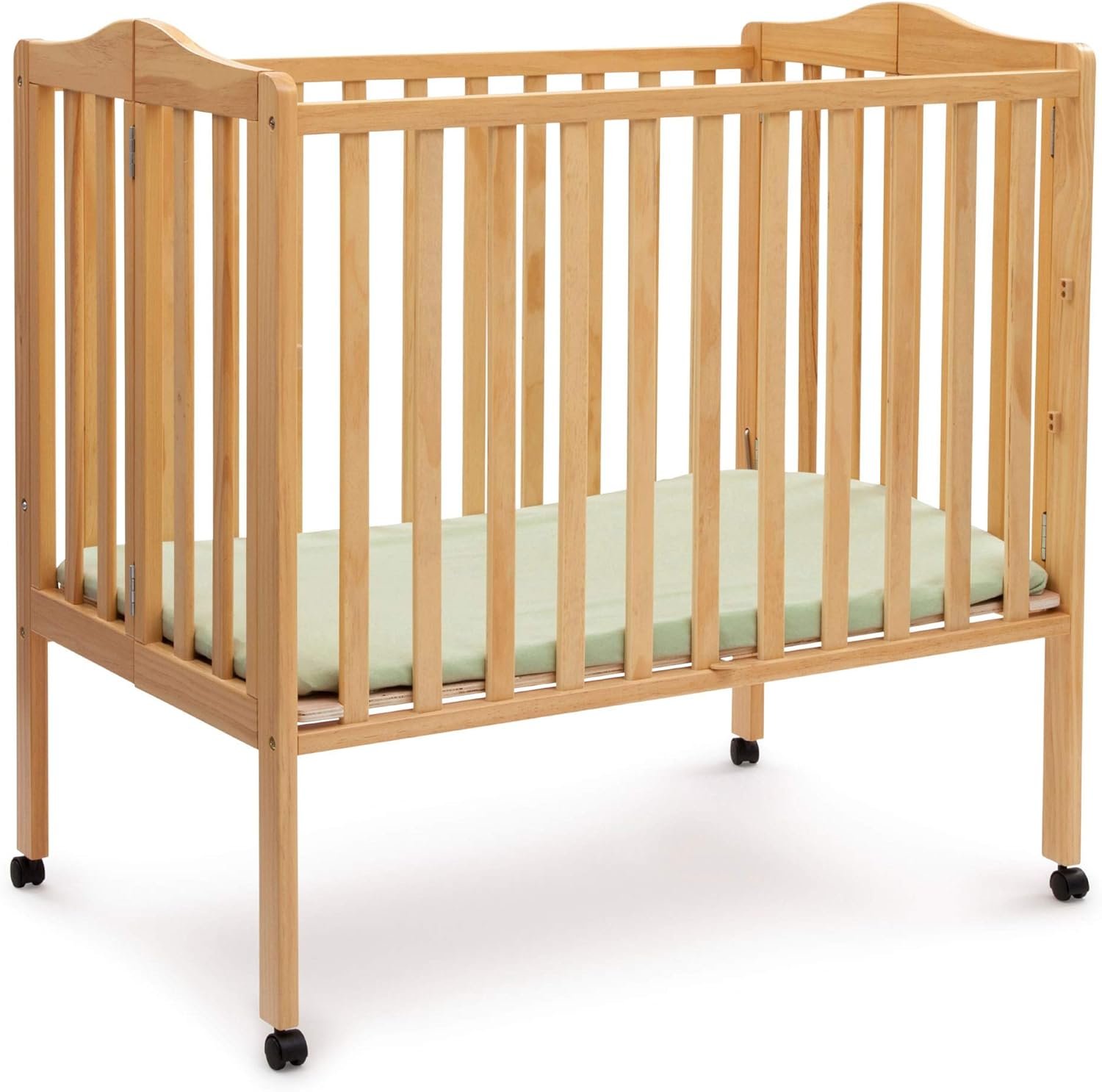 Delta Children Folding Portable Mini Baby Crib with 1.5-inch Mattress – Greenguard Gold Certified, Natural