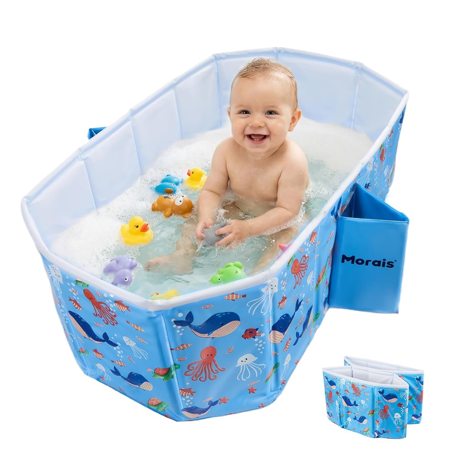 MORAIS Baby Bathtub Collapsible & Portable, Foldable Toddler Bath Tub with Dual Drain Plug and Padded Bottom, Travel & Shower Ready, Easy to Clean, Space-Saving Tub, 12 Months+