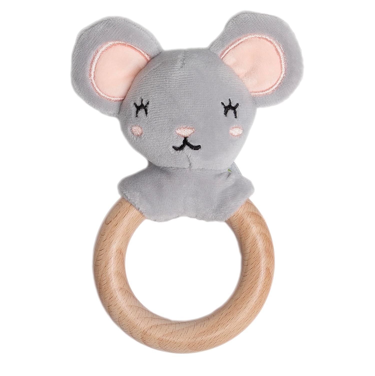 Pearhead Mouse Wooden Baby Teether – Soft Plush Lovey with Natural Wood Rattle Ring, BPA-Free, Soothes Infant Gums, Multi-Sensory Newborn Essential for Boys and Girls, 0+ Months