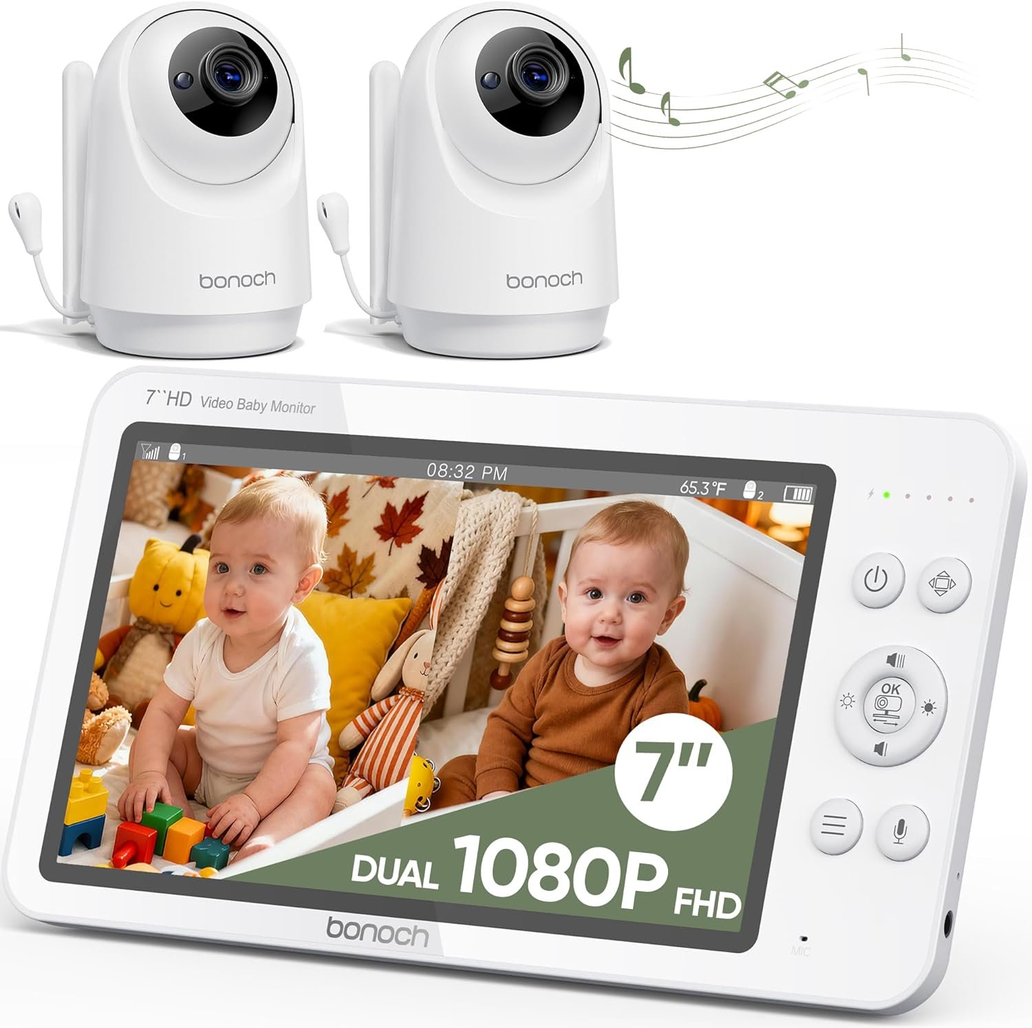 bonoch Upgraded 1080P Baby Monitor with 2 Cameras, 7″ MegaView Split Screen Baby Monitor No WiFi, Dual Video Monitor with Camera and Audio, 6000mAh, White Noise, 2 Way Audio, PTZ, Night Vision