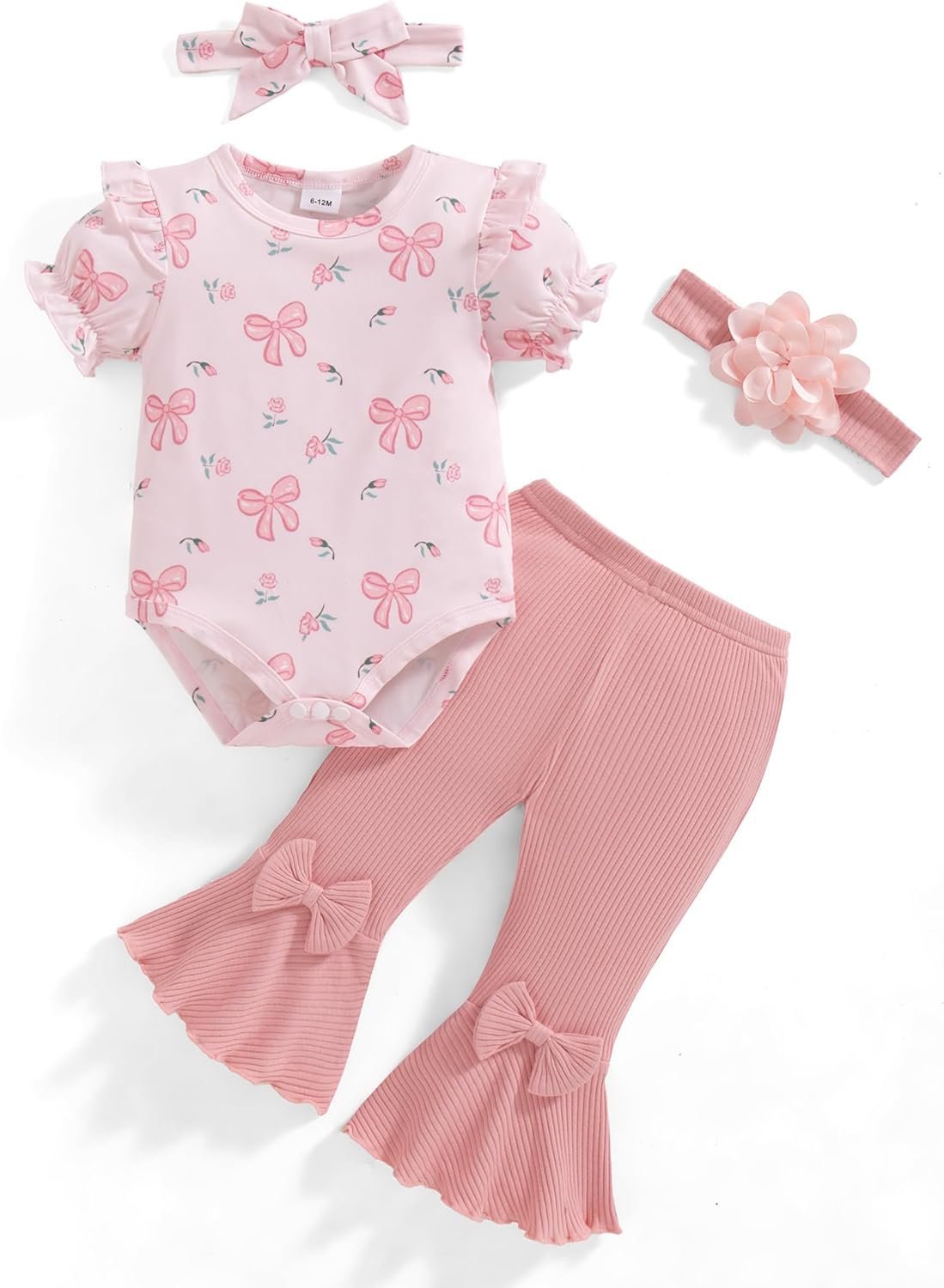 Vibebox Baby Girl Clothes Newborn Preemie Summer Outfits Short Sleeve Ruffle Romper Tops Bell Bottoms Pant Sets with Headband