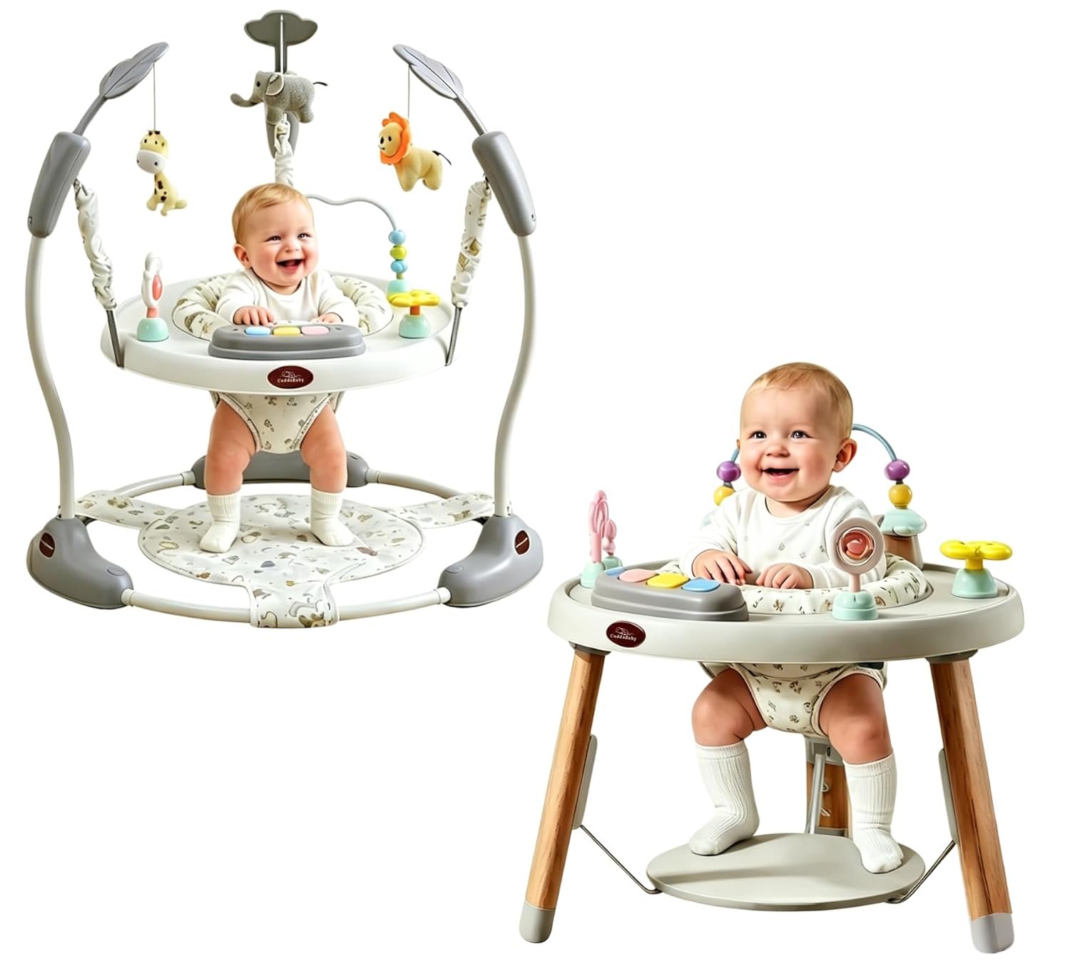 CuddoBaby Baby Jumper 4-Stage Convertible| Montessori -Inspired 8 Interactive Toys| Tummy Time Playmat, Bouncer, Exersaucer, Toddler Table| Music & Lights | 3-6, 6-12, 12-18, 12-24 Months – Gray