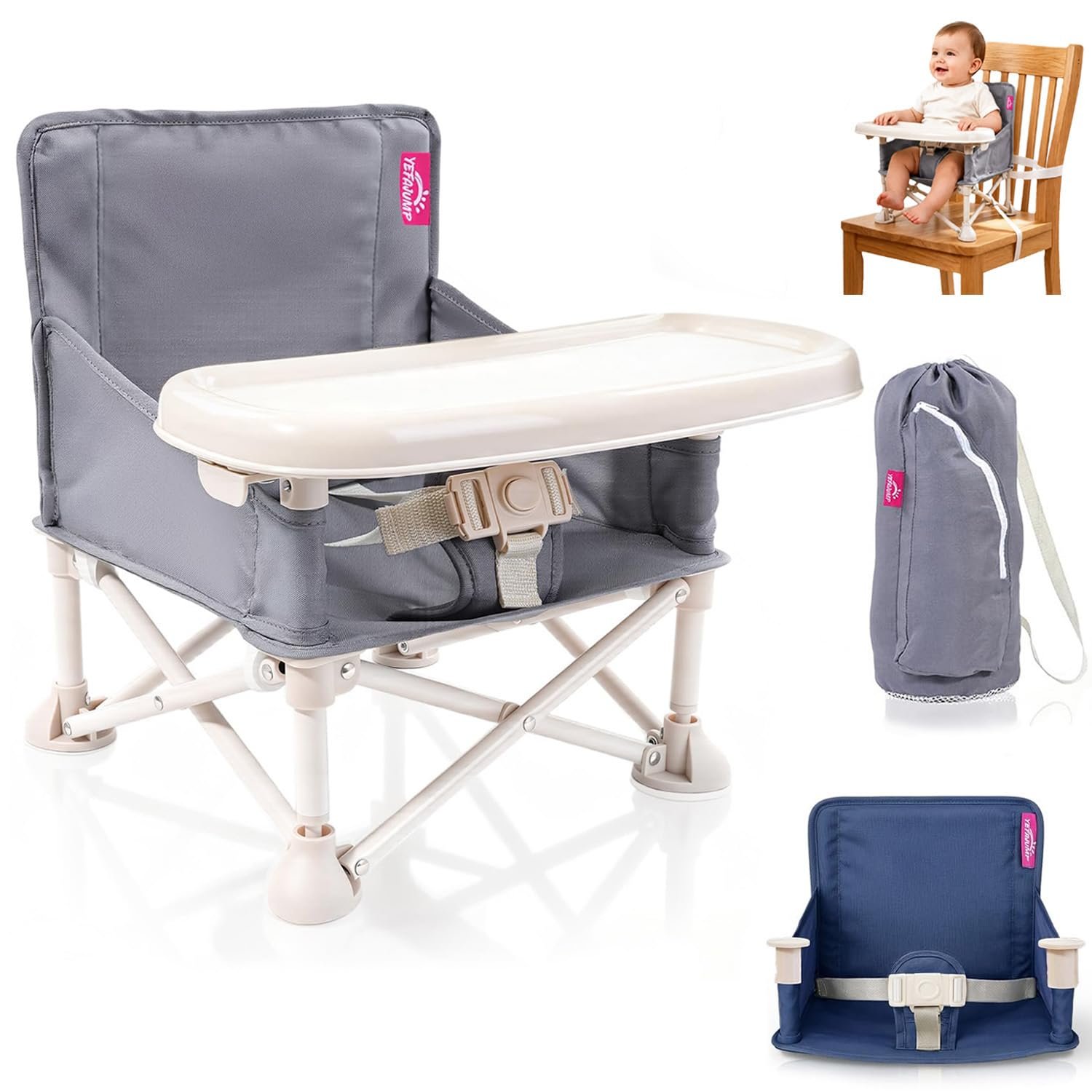 Portable Baby Chair, Baby Beach Chair with 2-Pack Interchangeable Seat Covers, Portable Booster Seat with Tray & Travel Bag, Compact Foldable, Easy-Swap Colors, Perfect for Travel