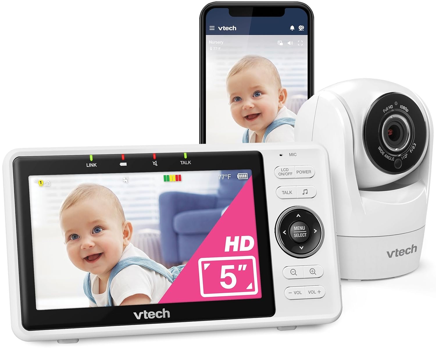 VTech WiFi Baby Monitor with Camera and Audio, 1080p Camera & 5″ HD Screen – Remote Pan-Tilt-Zoom, Night Vision, Two-Way Talk, Motion Alerts, Free App | VM901