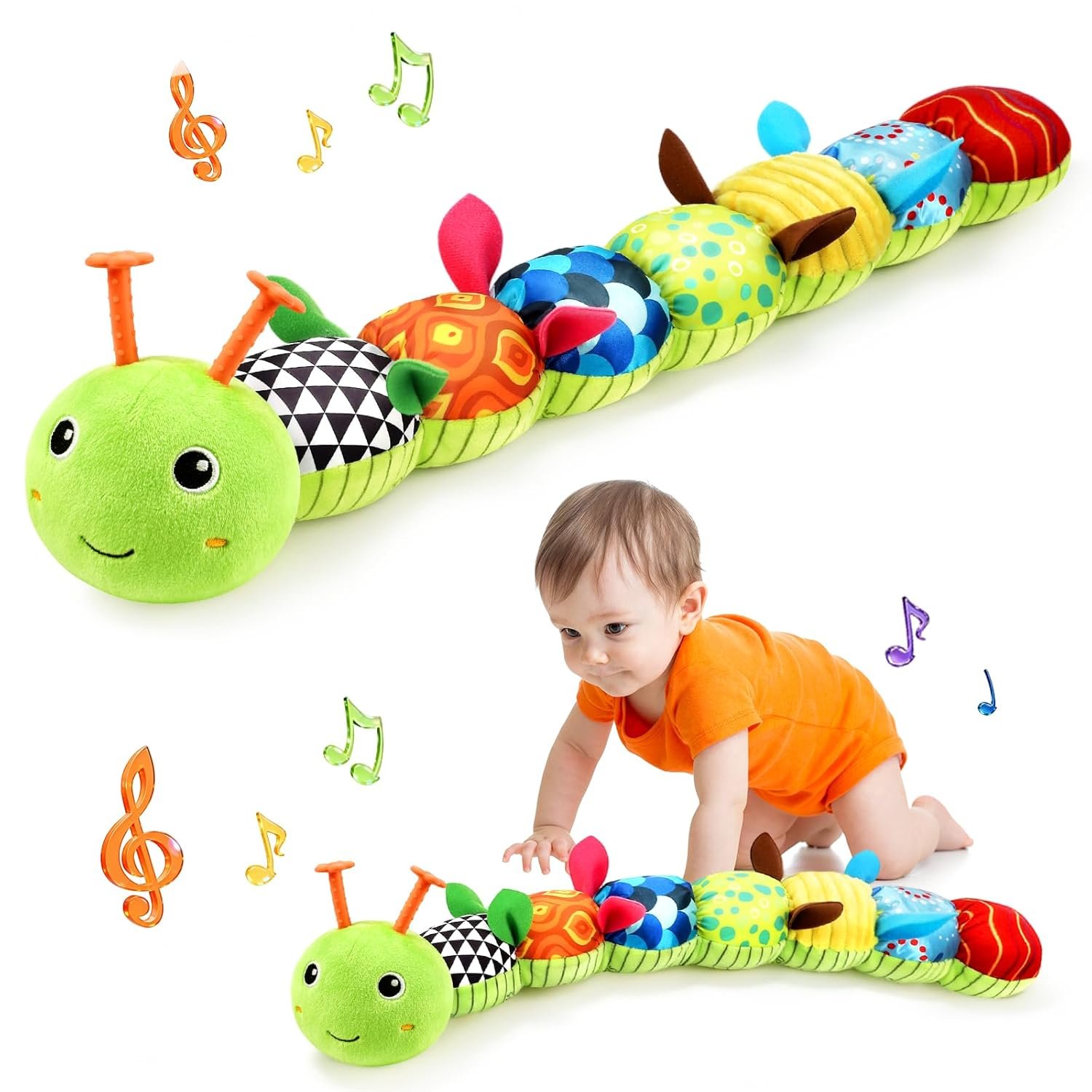 Baby Toys Musical Caterpillar, Infant Stuffed Animal for 0-6 6-12 Months with Crinkle and Rattles, Tummy Time Sensory Toys Newborn Boys Girls Gifts 0 3 6 9 12 Months – Green