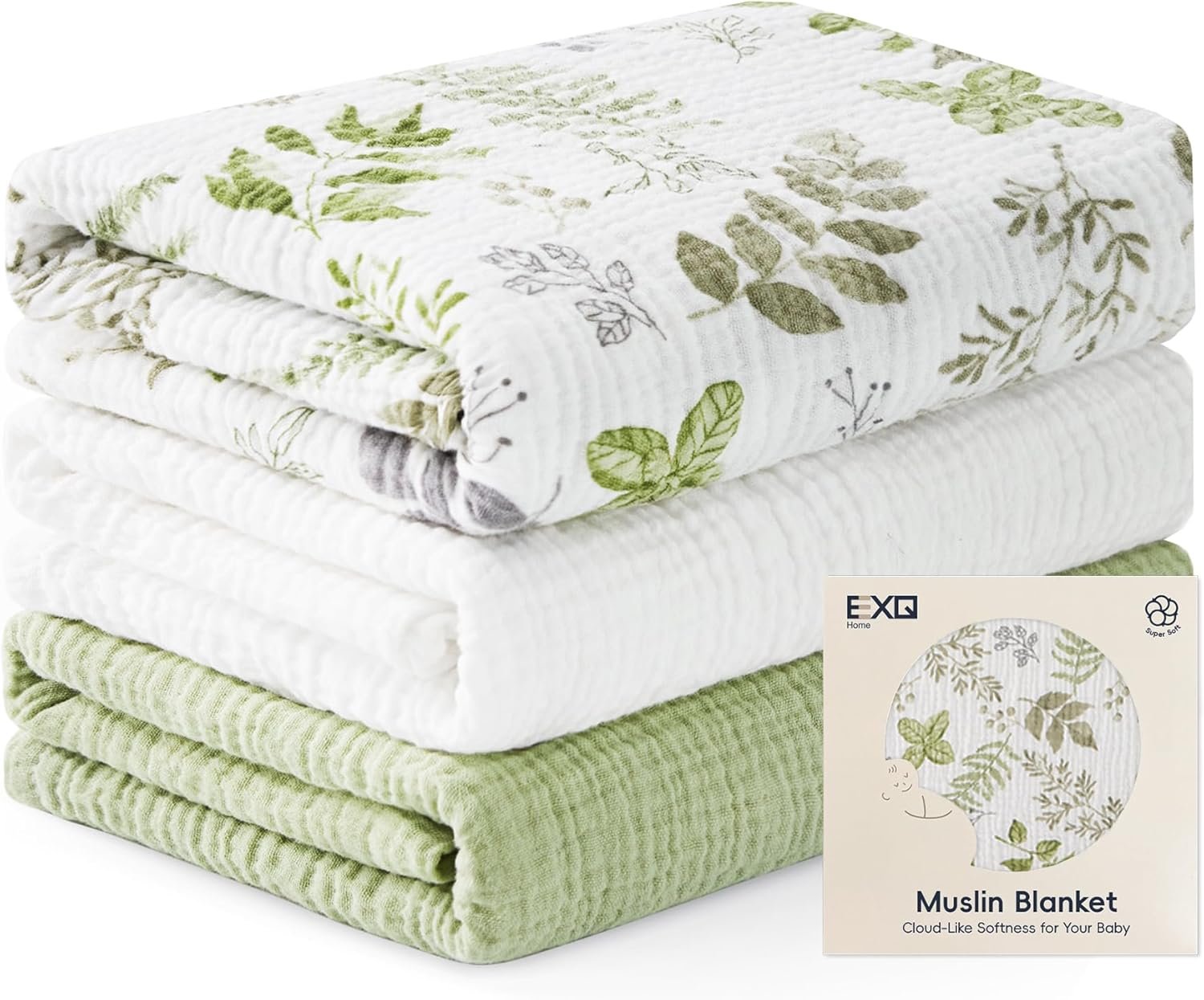 EXQ Home Muslin Swaddle Blankets for Baby, 3 Pack Cotton Breathable Soft Receiving Blankets for Newborn Boys and Girls, Baby Essentials & Gift, 38×40 inches(Green Leaves)
