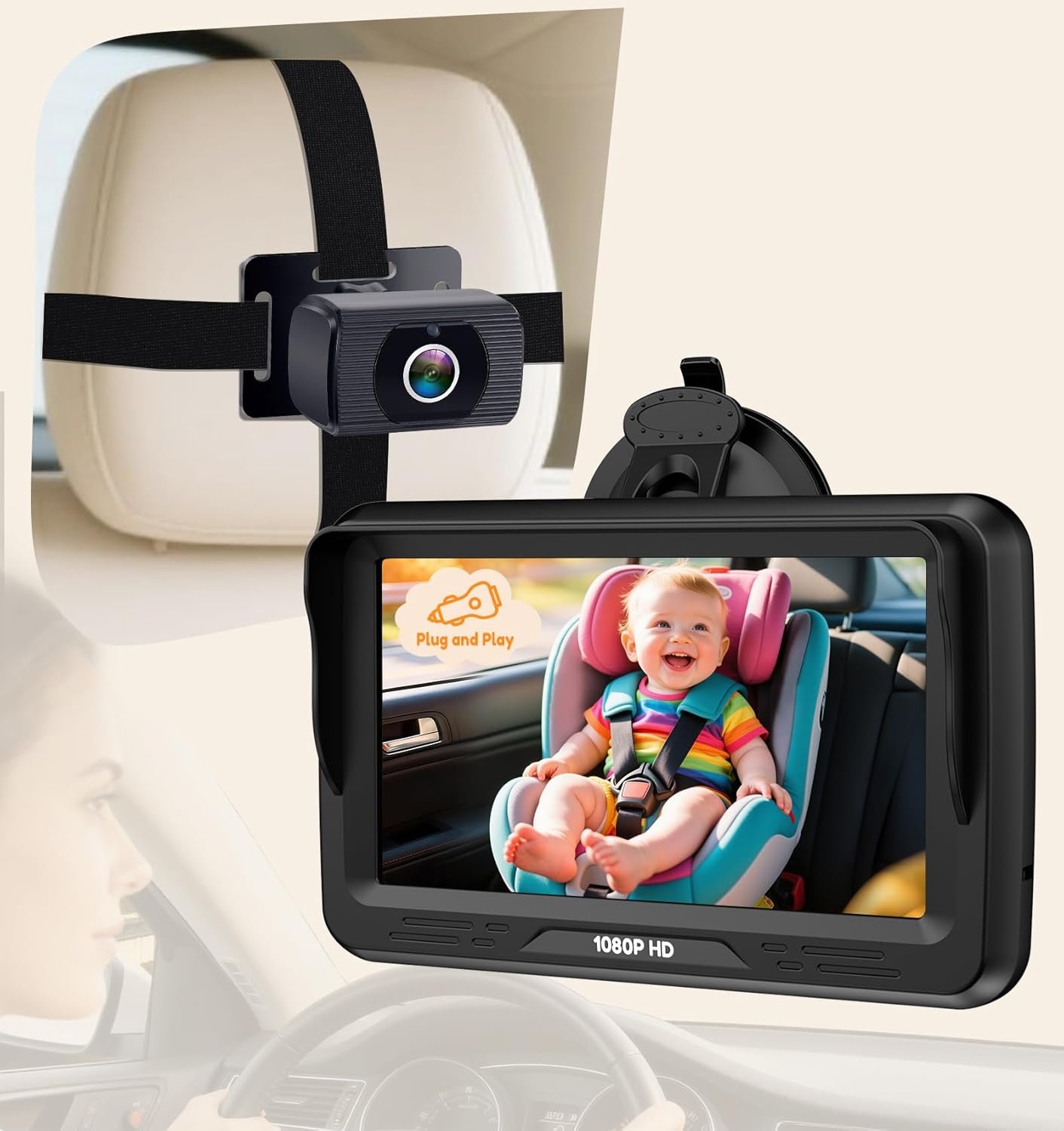Rohent Baby Car Camera HD 1080P – Rear-Facing Infant Monitor with Night Vision Car Camera for Baby 150° Wide-Angle Lens Anti-Glare Screen Easy Install 360° Adjustable Display