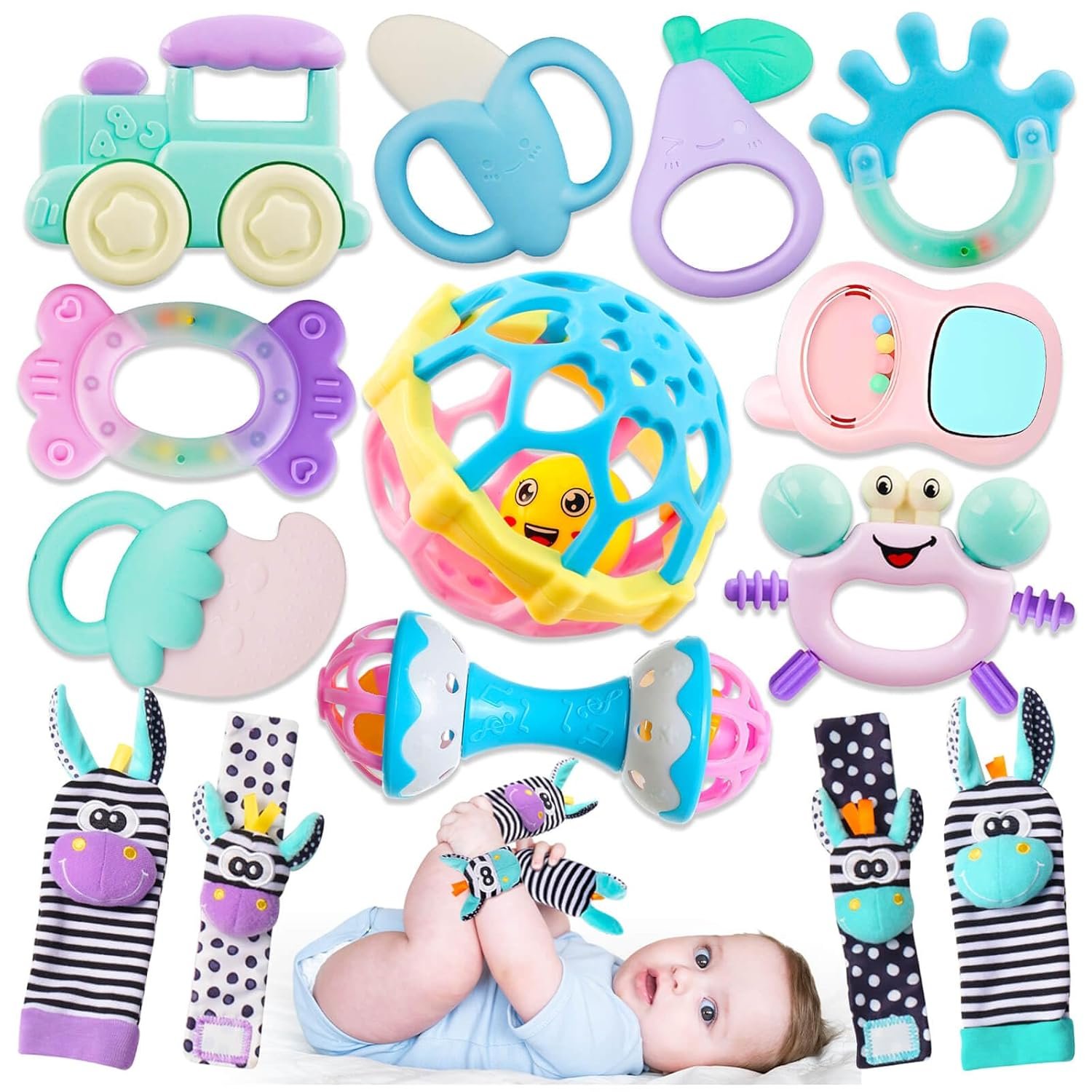 Baby Toys 0-6 Months – Baby Rattles Teething Toys 3-6 Month Infant Toys 6-12 Months Teether Toy 3 4 5 6 Month Old Newborn Essentials Must Haves Wrist Socks Toddler Stocking Stuffers Christmas Gifts