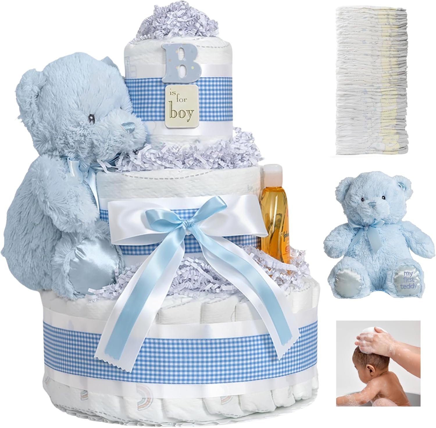 Lil’ Baby Cakes Blue Boy Diaper Cake – Makes a Beautiful Boy Baby Gift – Adorable and Practical – Handmade with 42 Swaddler 1 Diapers – Size 10 in x 12 in
