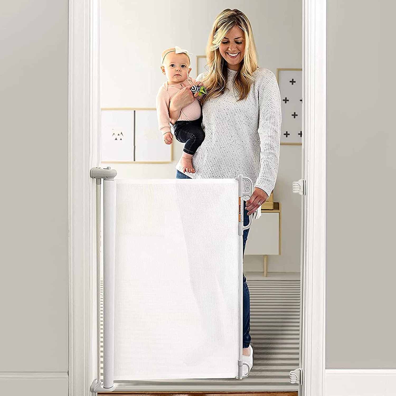 Momcozy Retractable Mesh Baby Gate or Dog Gate, Child Safety Gate for Indoor or Outdoor, 33-inches Tall with up to 55-inches Wide Extension, White