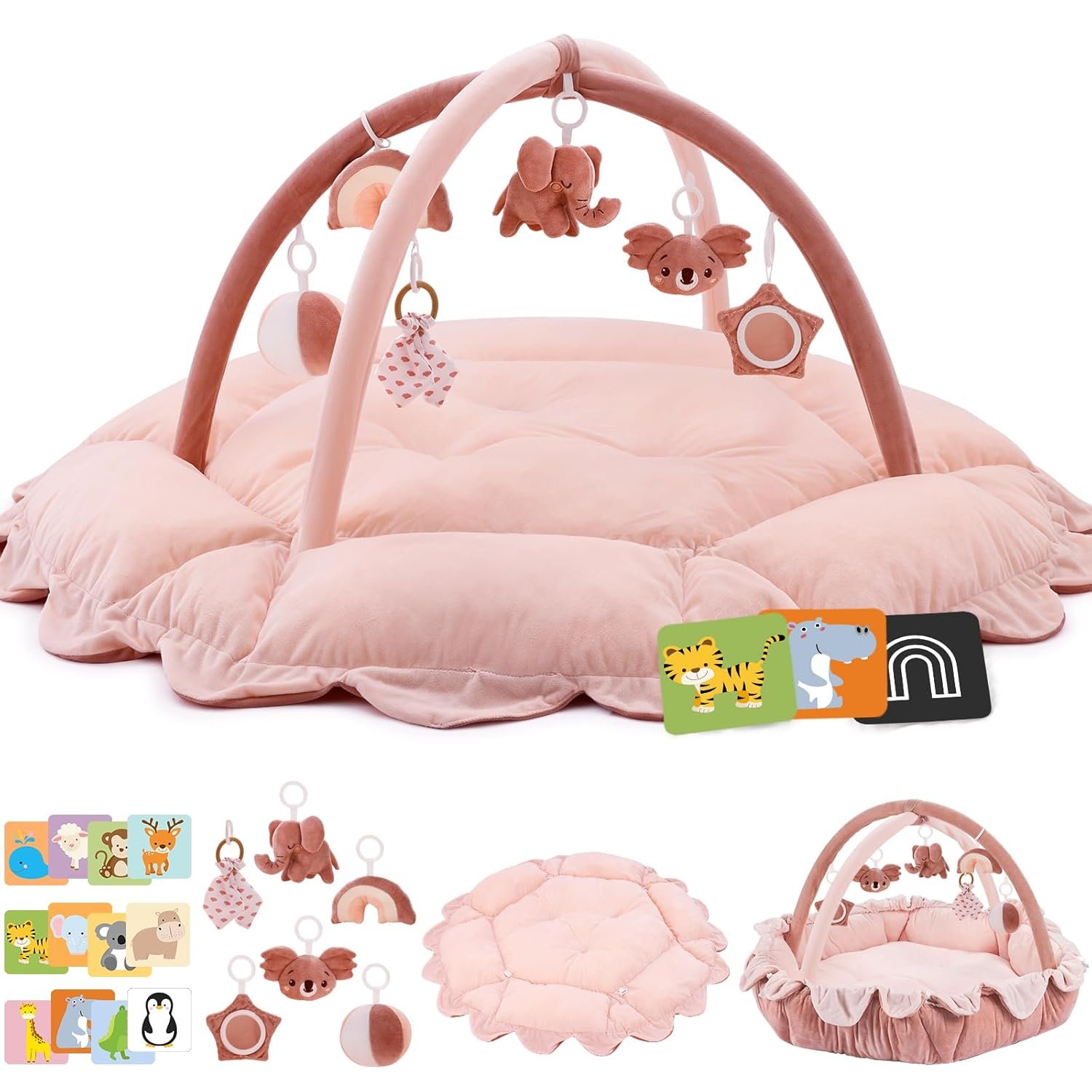 5-in-1 Baby Activity Gym & Play Mat with 6 Hanging Toys, Tummy Time Mat & Cards – Extra Large, Reversible Machine Washable Pad – Gift for Newborns, Infants 0-12 Months, Pink