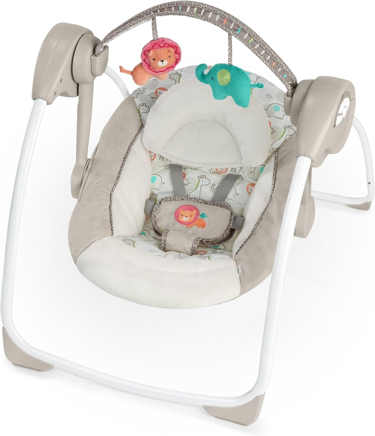Ingenuity Soothe ‘n Delight Compact Portable 6-Speed Plush Baby Swing with Music, Folds Easy, 0-9 Months 6-20 lbs (Cozy Kingdom)