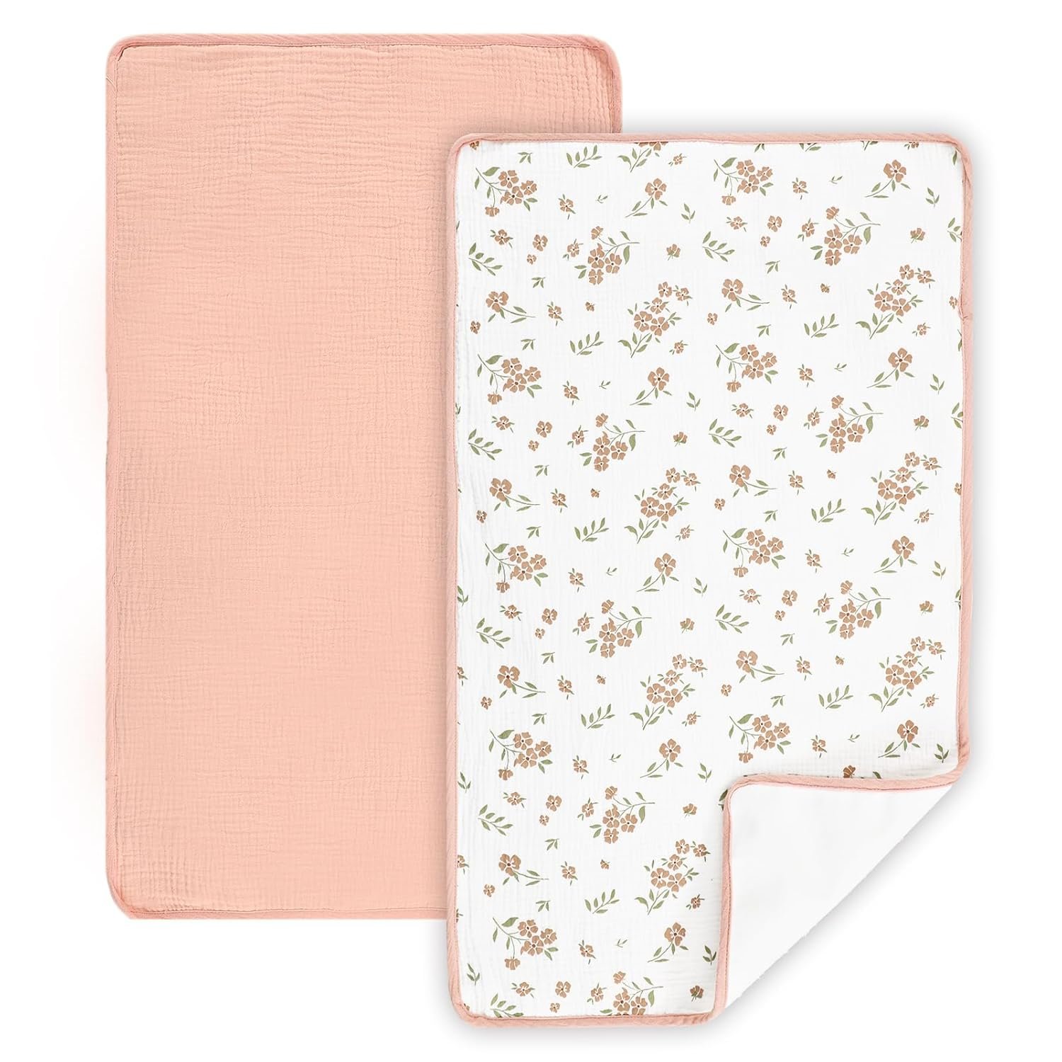 Waterproof Portable Changing Pad 2 Pack, Muslin Cotton Baby Changing Mat Comfortable & Breathable, Foldable Diaper Changing Pad for Travel, Machine Washable, Flower & Pink