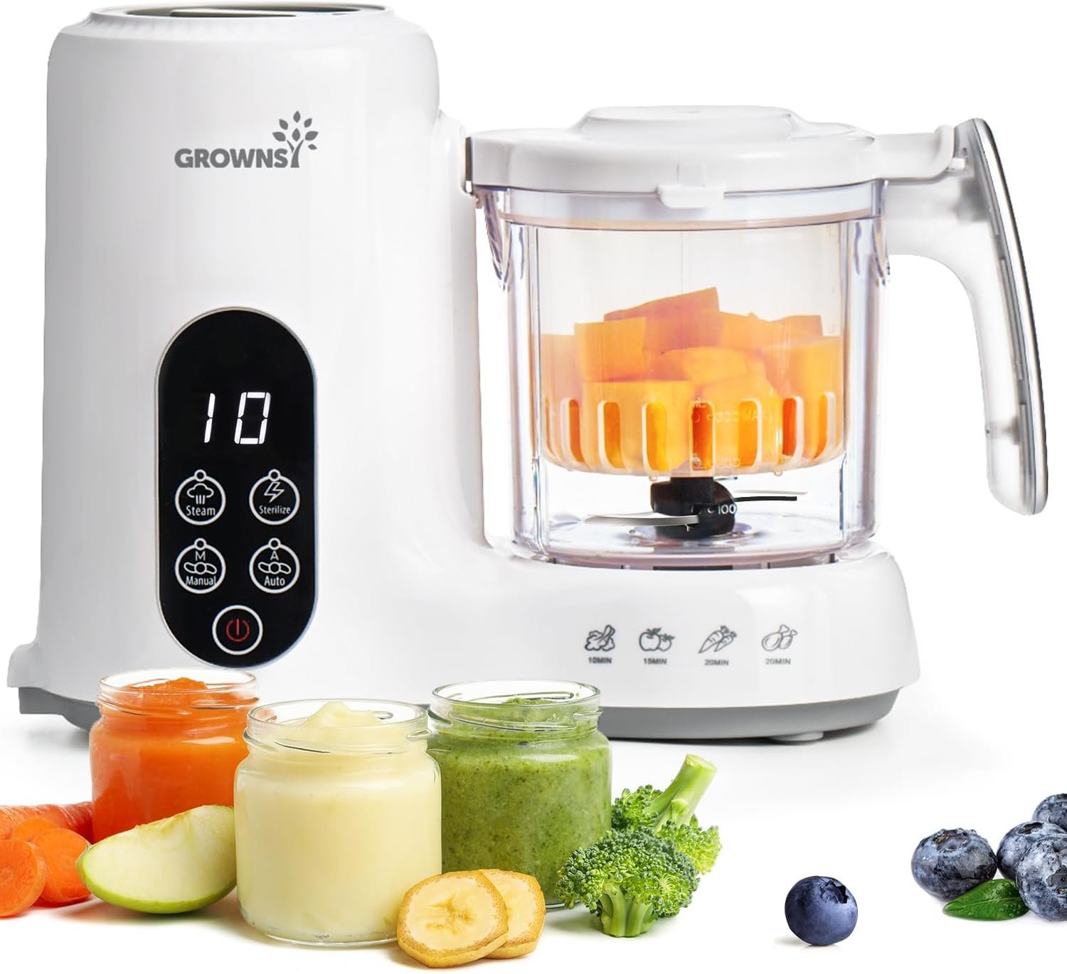 Grownsy Baby Food Maker with Steam Basket, One Step Baby Food Processor Steamer Puree Blender Grinder Mills Machine, Auto Cooking Grinding and Sterili-zing for Healthy Homemade Baby Food, BPA-Free