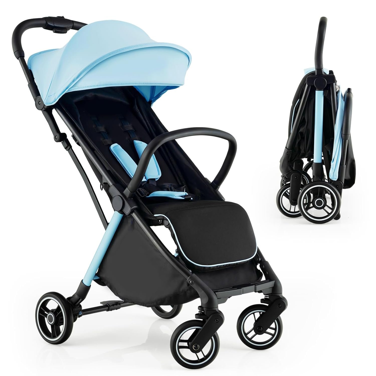 HONEY JOY Lightweight Baby Stroller, Compact Travel for Airplane, Fits Airplane Cabin & Overhead, One-Hand Gravity Fold, Self-Standing Toddler Stroller w/Adjustable Backrest/Canopy(Blue)