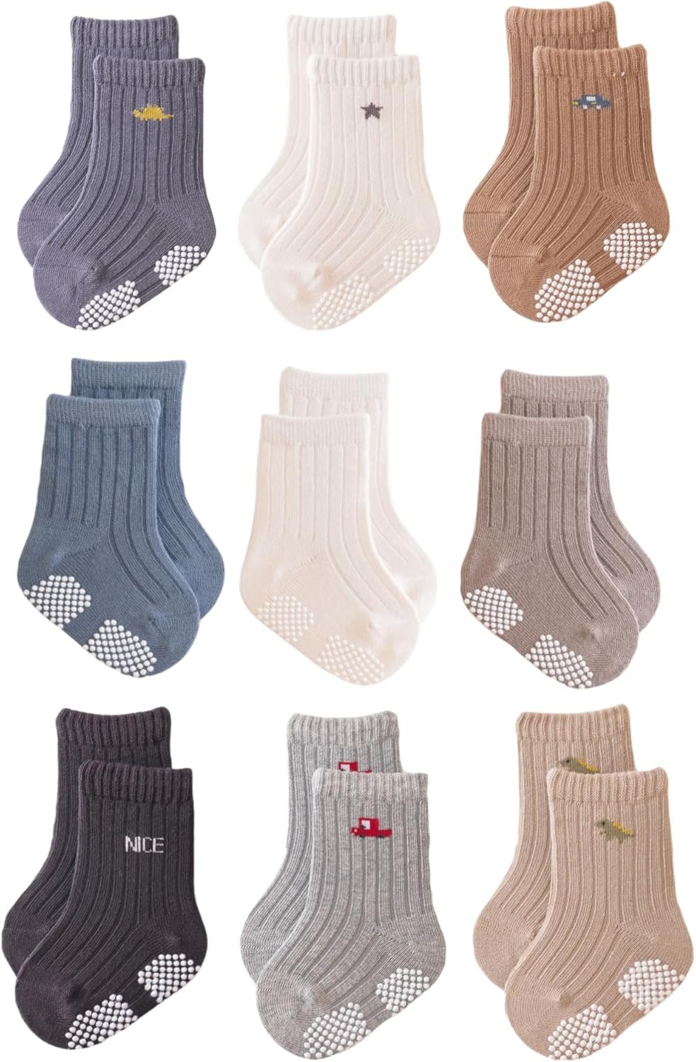 J Poqobog Baby Crew Socks,Grips Combed Cotton Socks Toddler Non-Skid for Girls,Boys Non Slip/Anti Skid 9-Pack