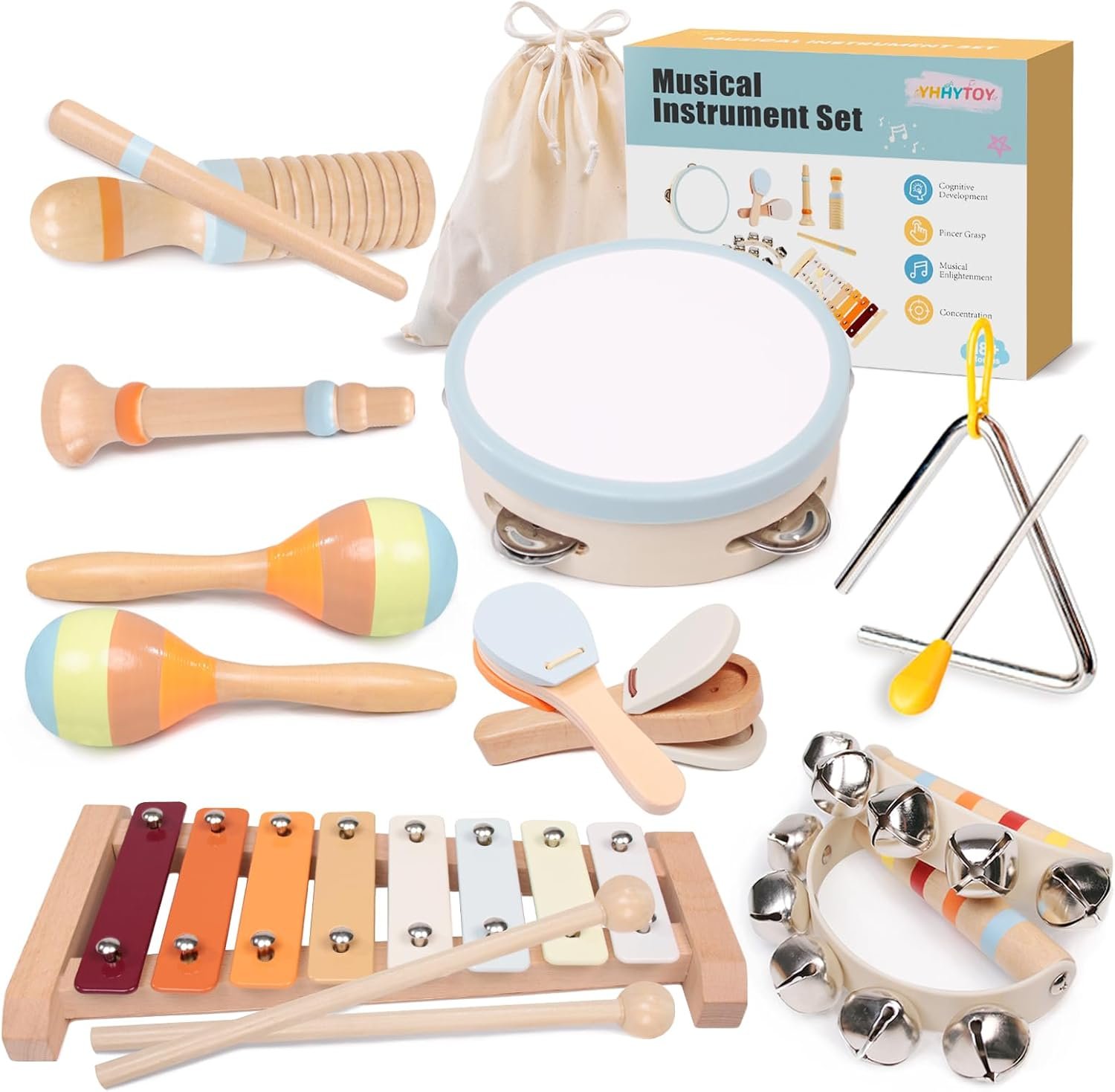 Baby Musical Instruments Set – Montessori Wooden 18 Month Old Baby Musical Toys, Toddler Percussion Instruments Xylophone Maracas Tambourine for Toddlers 1-3, 1 2 3 Year Old Girls Boys Birthday Gifts