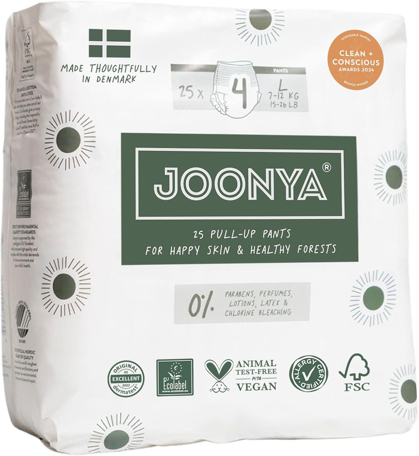 Joonya Pull-Up Pants Baby Diapers, Size 4 L (15-26 lb) – 1 Bag of 25 – Non Toxic, Eco-Friendly, High Absorbency, Overnight Use, Ultra Slim & Soft – Made in Denmark