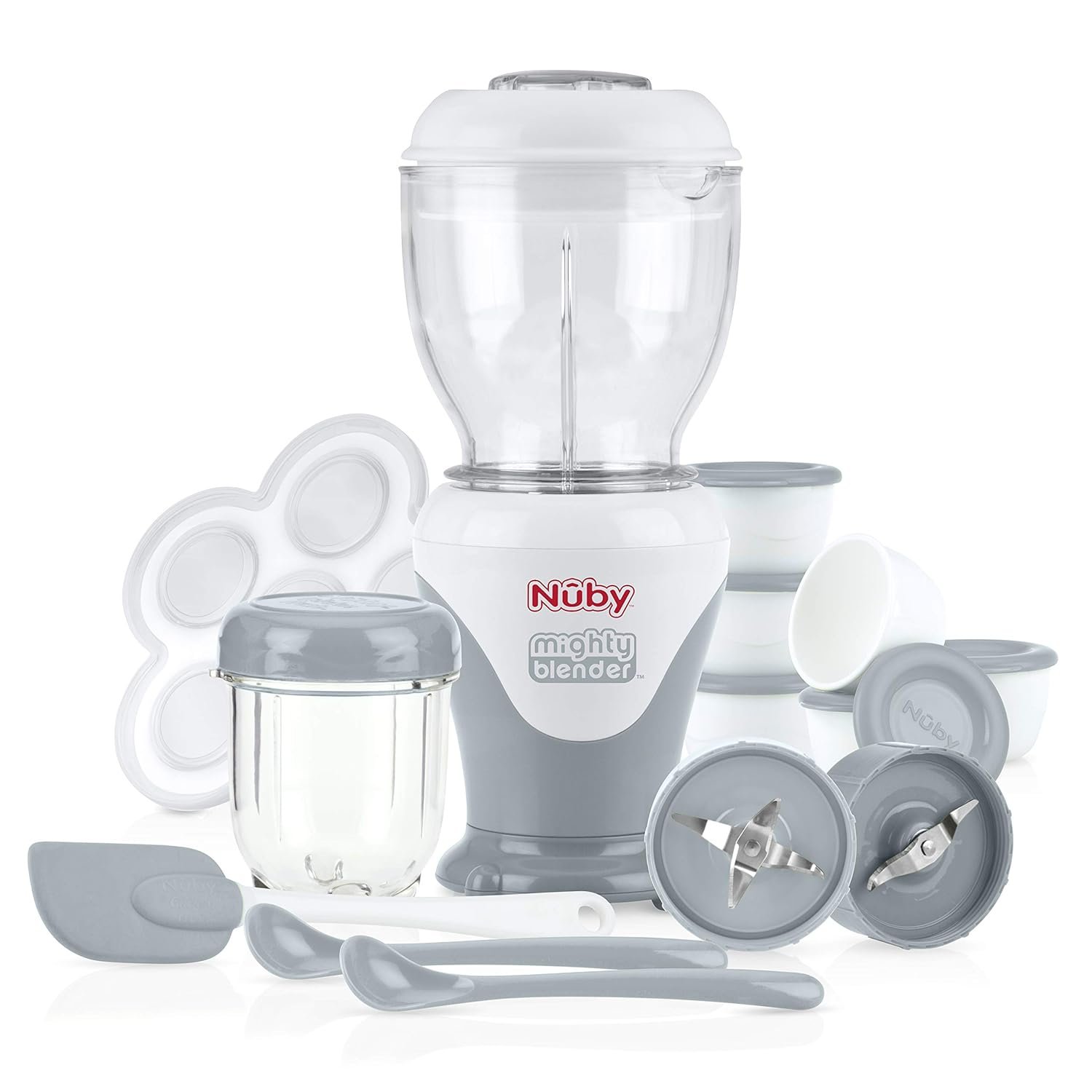 Nuby Mighty Blender with Cookbook – 22-Piece Baby Food Maker Set for Different Baby Weaning Stages – Cool Gray Design
