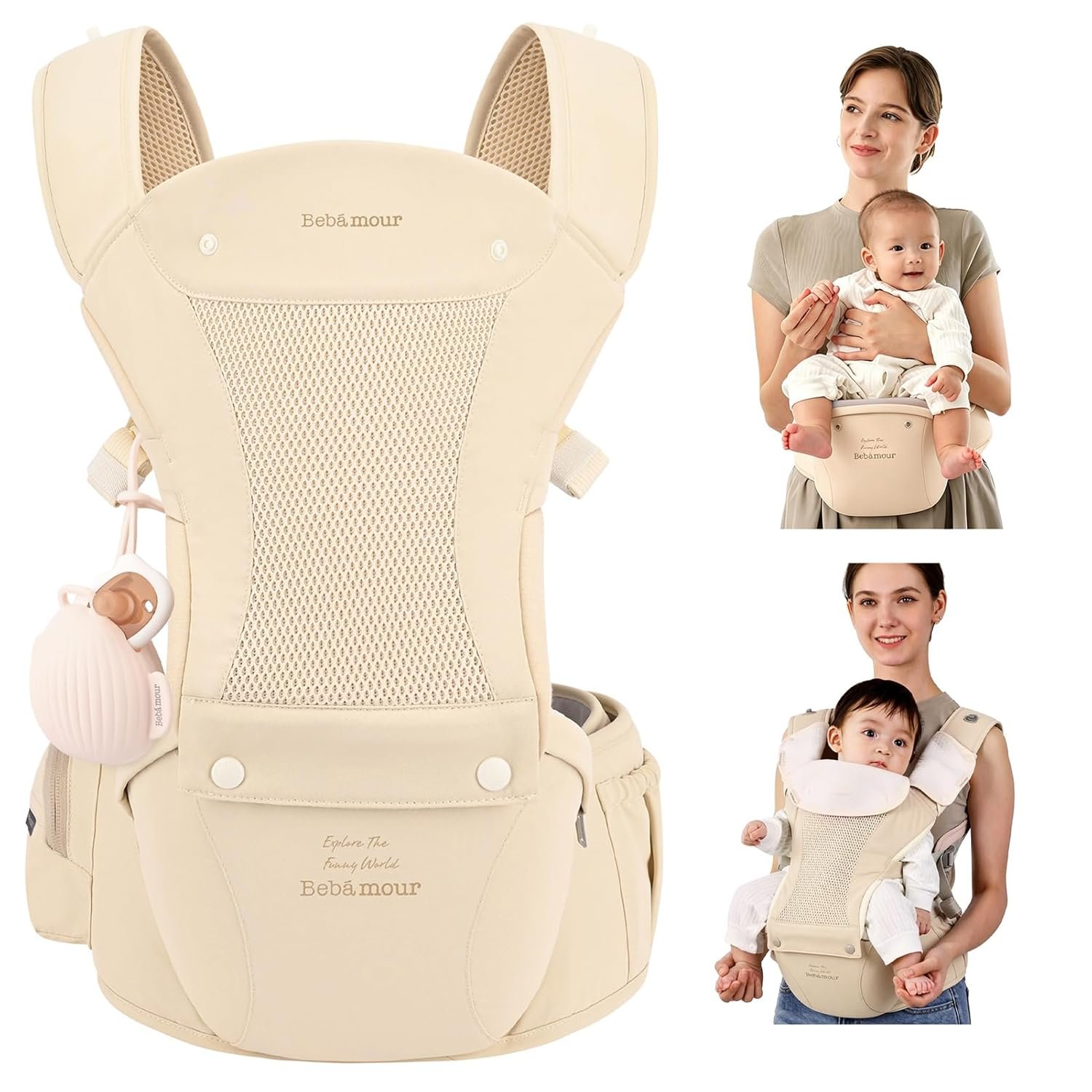 Bebamour Baby Carrier with Hip Seat,All-Position Breathable Mesh Hip Seat & Carrier 0-36Months with Head Hood, 3 PCS Teething Pads, Waist Extender,Storage Bag & Pacifier Case (Gold)