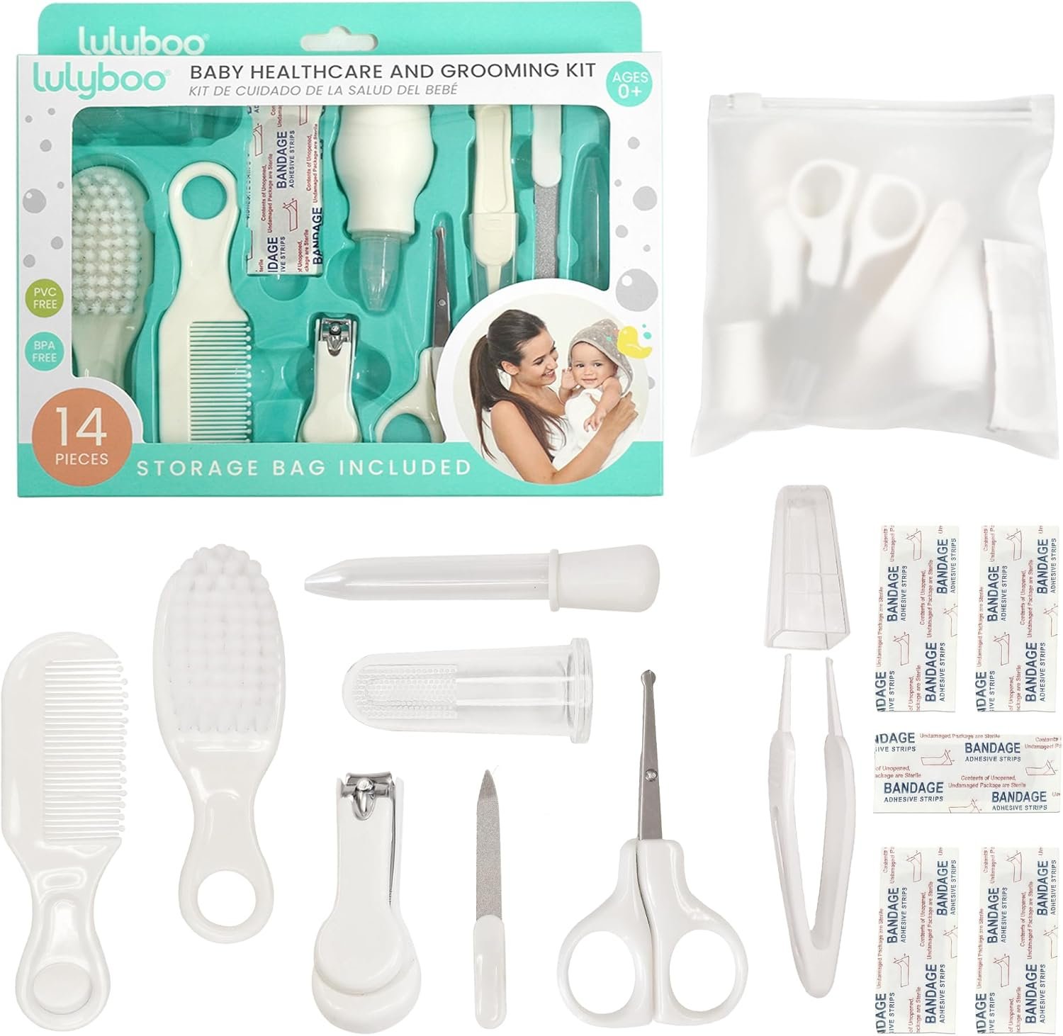 Lulyboo Baby Grooming Kit 14-Piece – Safe, BPA-Free, Certified for Newborns & Toddlers with Comb, Brush, Nail Clippers, Scissors, Nasal Aspirator, Travel Bag – Complete Baby Care Set for Newparents