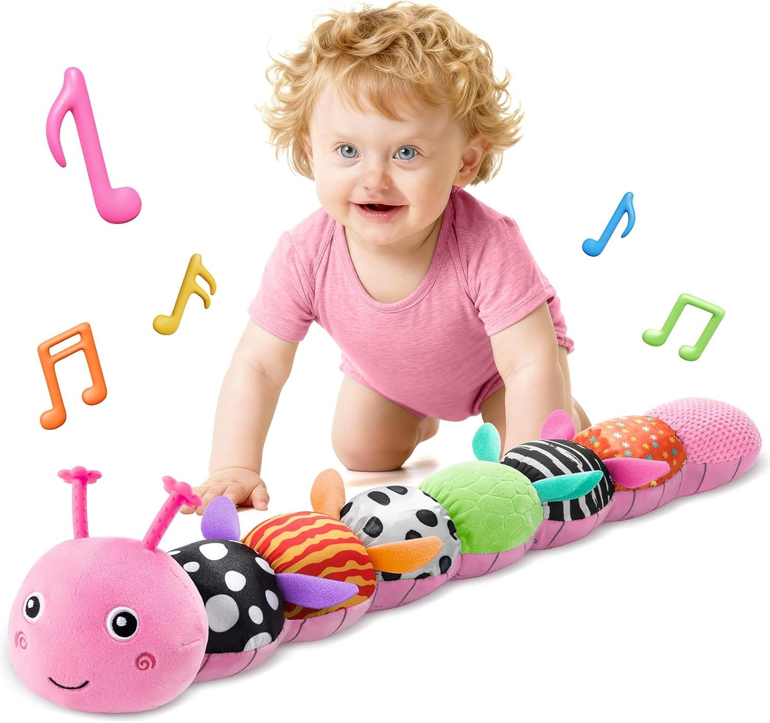 HEMRLY Baby Gifts Toys, Sensory Toy 0-6 Months, Musical Stuffed Caterpillar Plush with Soft Teether, Rattle for Tummy Time, Infant Car Seat Toy for 0-3-6-12 Month Boys Girls Gifts – Spotted Pink
