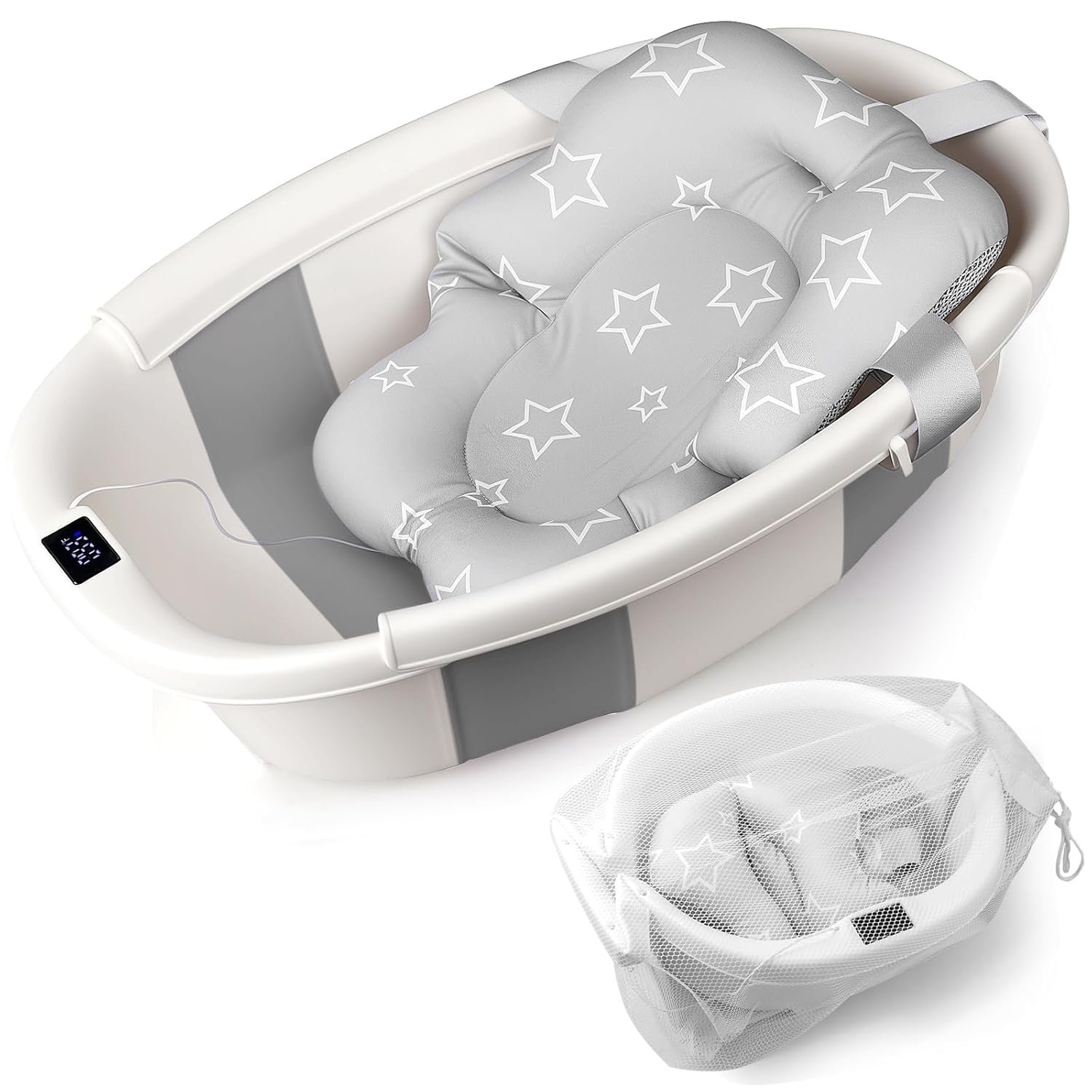 Baby Bathtub, Baby Tub with Thermometer & Soft Cushion, Collapsible Baby Bathtub from Newborn to Toddler Bathtub 0-36 Months, Foldable for Quick Use & Portable for Travel(Grey)