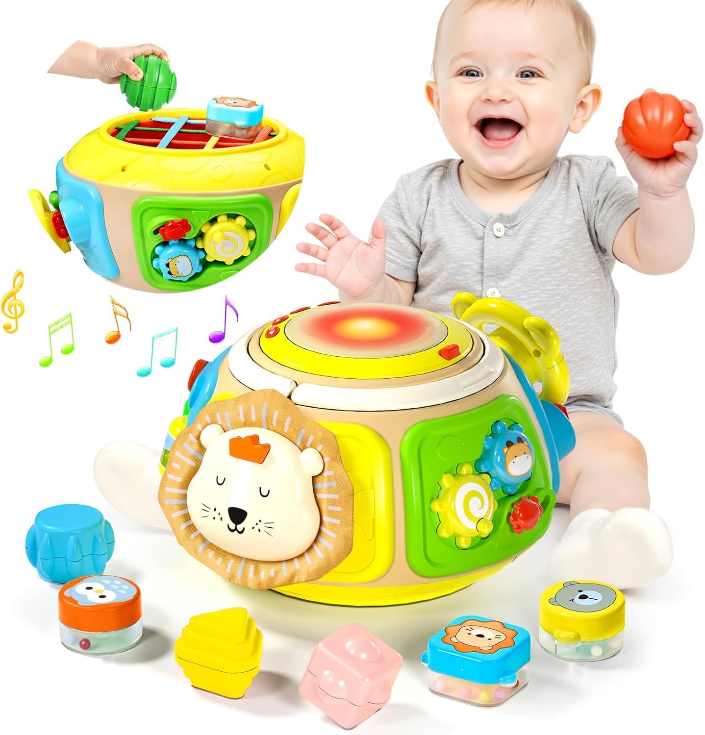 7-in-1 Activity Cube Drum Montessori Toys for Baby 18+ Months, Busy Toys for Toddlers with 9 Sensory Shape Blocks, Music & Light Educational Toys Christmas Birthday Gifts for Kids Boys Girls