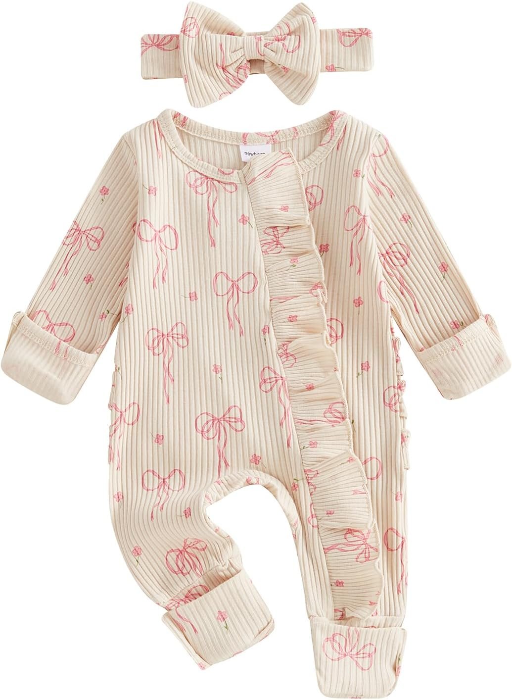 Socutebabe Newborn Baby Girl Coming Home Outfit Ruffle Romper Onesie Cute Ribbed Knit Jumpsuit Winter Clothes and Headband