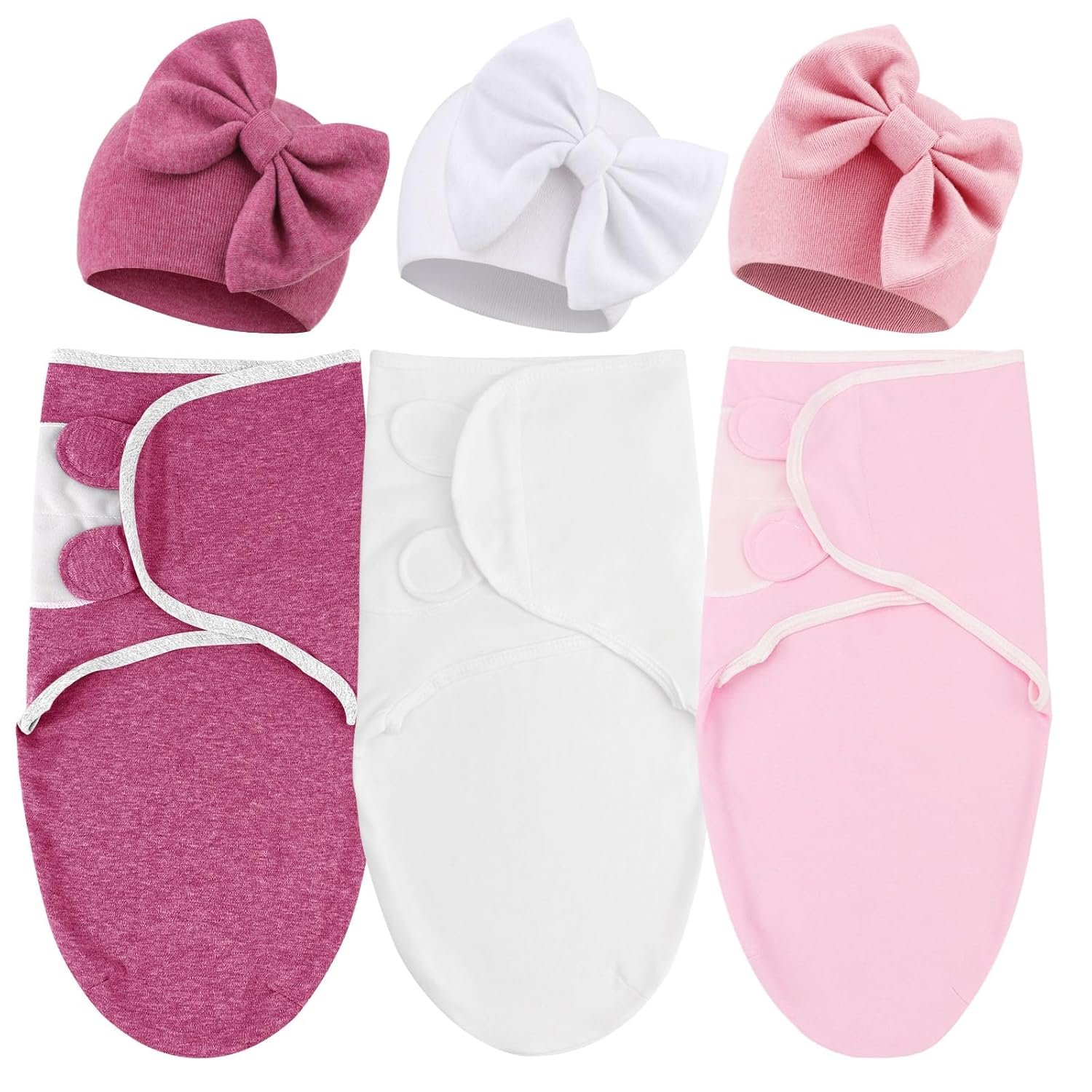 DRESHOW BQUBO 3 Pack Newborn Baby Swaddle Blanket with Hats Infant Adjustable Swaddling Wraps with Bear Ears Cap for 6-12 Lbs Newborns & 0-3 Months Girls Boys