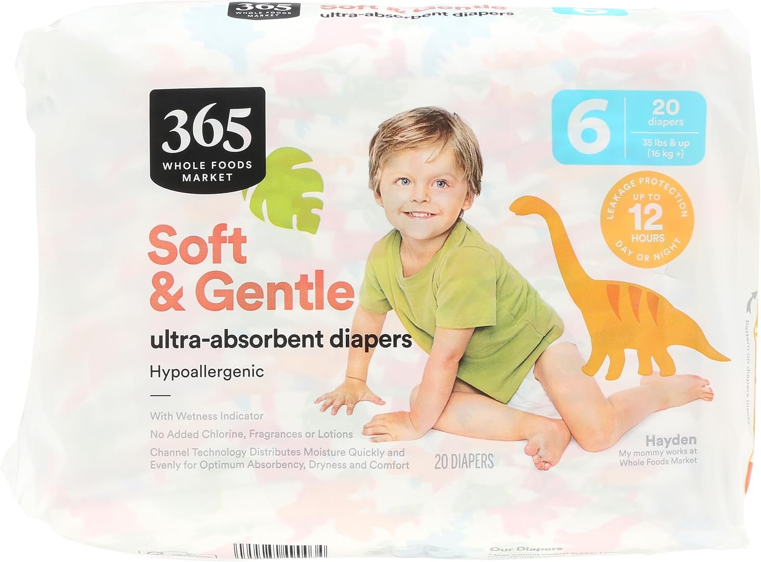 365 by Whole Foods Market, Soft & Gentle Size 6 Diapers with Wetness Indicator, Ultra-Absorbent, Hypo-Allergenic, Ultra-Absorbent, 20 Count