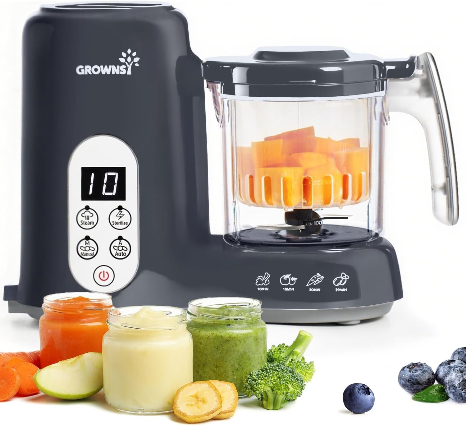 Grownsy Baby Food Maker with Steam Basket, One Step Baby Food Processor Steamer Puree Blender Grinder Mills Machine, Auto Cooking Grinding and Sterili-zing for Healthy Homemade Baby Food, Dark Grey