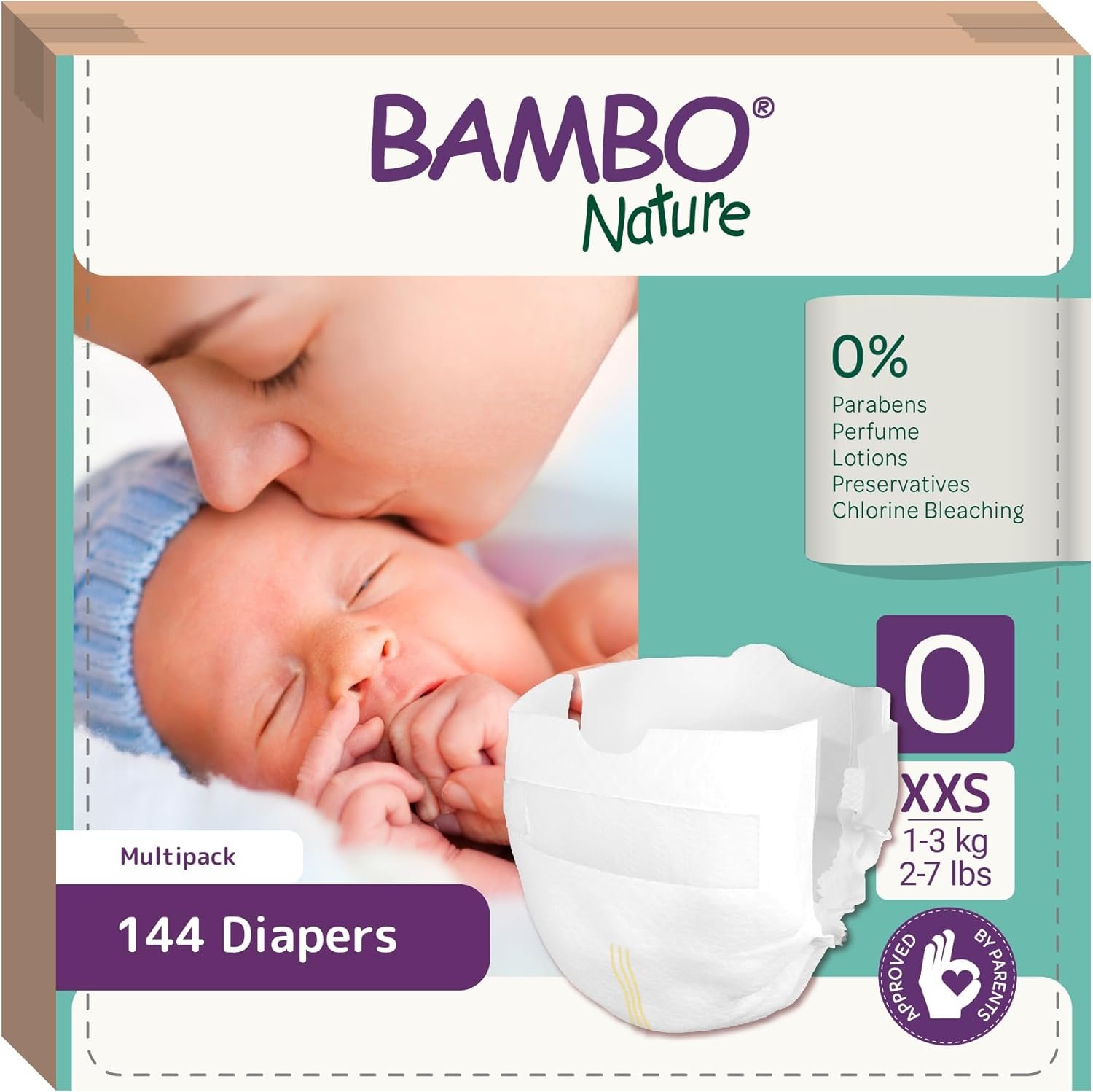 Bambo Nature Hypoallergenic Baby Diapers, Eco-Labeled Sustainable Diapers, Enhanced Leakage Protection, Totally Chlorine-Free, Skin Friendly, and Super Absorbent – Size 0 (144 Count)