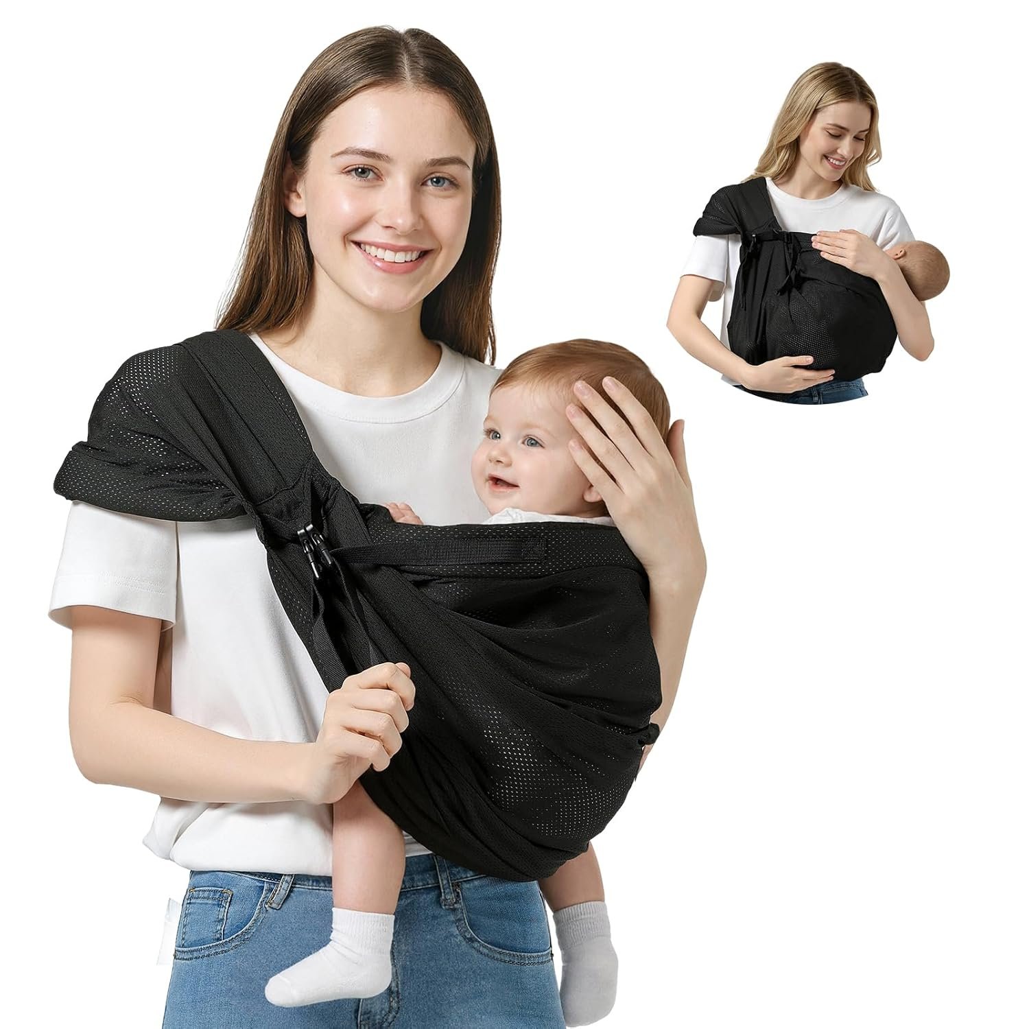 MISSWISDOM Baby Sling Carrier, Toddler Sling Carrier with Wide Shoulder Strap, Lightweight Baby Carriers Newborn to Toddler Infant Wrap Carriers Perfect for Mom and Dad, 7-30lbs, Black Mesh