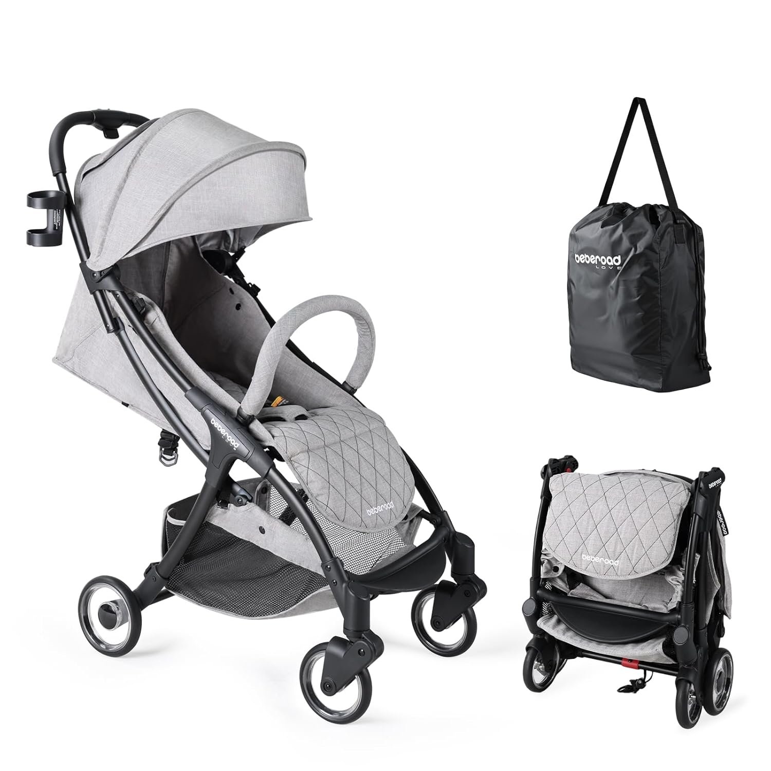 Beberoad Love R2 Small Travel Stroller Compact Strollers Foldable Lightweight Baby Stroller for Airplane, Infant with Adjustable Backrest, Cup Holder and Waterproof Canopy, Gray