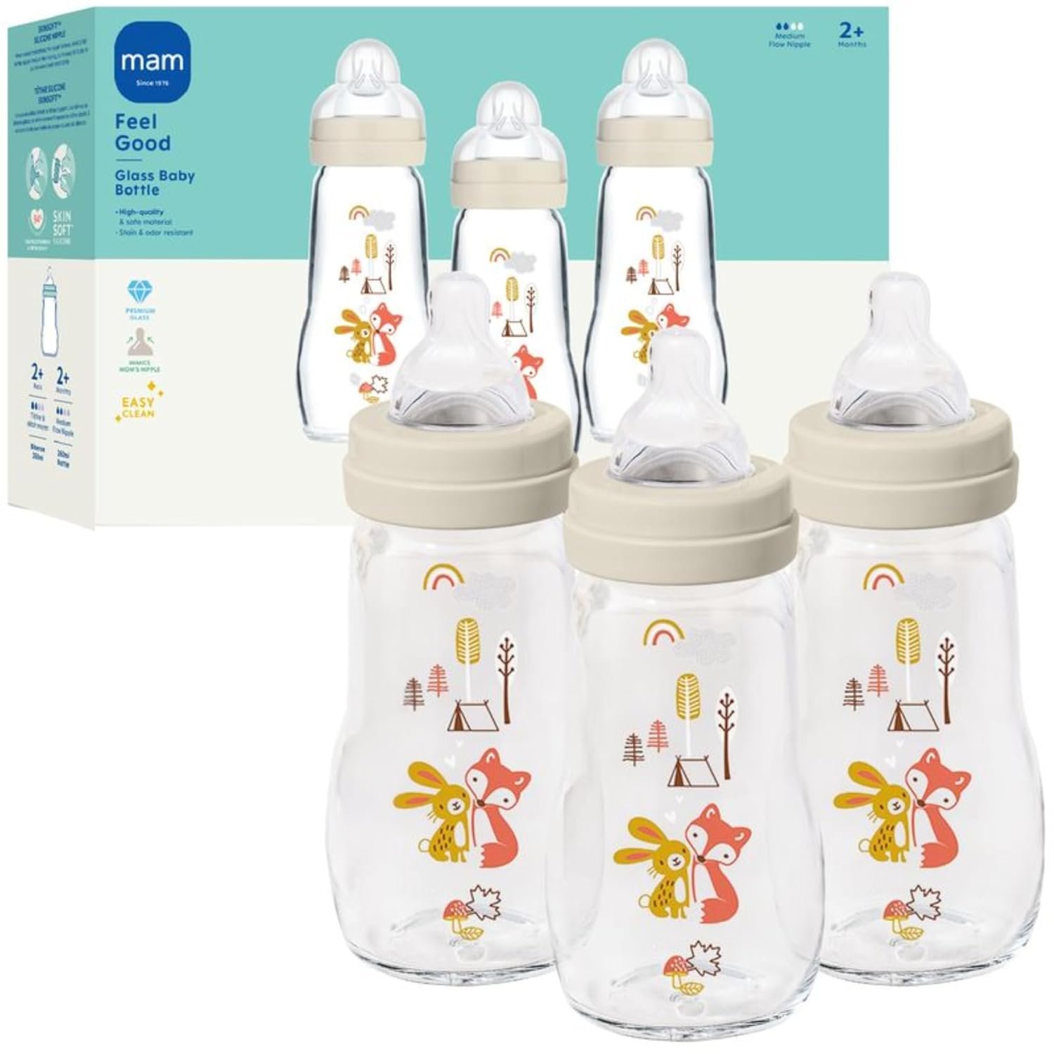 MAM 9oz Premium Glass Wide Neck Baby Bottle with Medium Flow Breastfeeding-Like Silicone Nipple, Easy to Clean, BPA Free, 2+ Months, Easy Switch Between Breast and Bottle, Made in Europe, 3 Pack