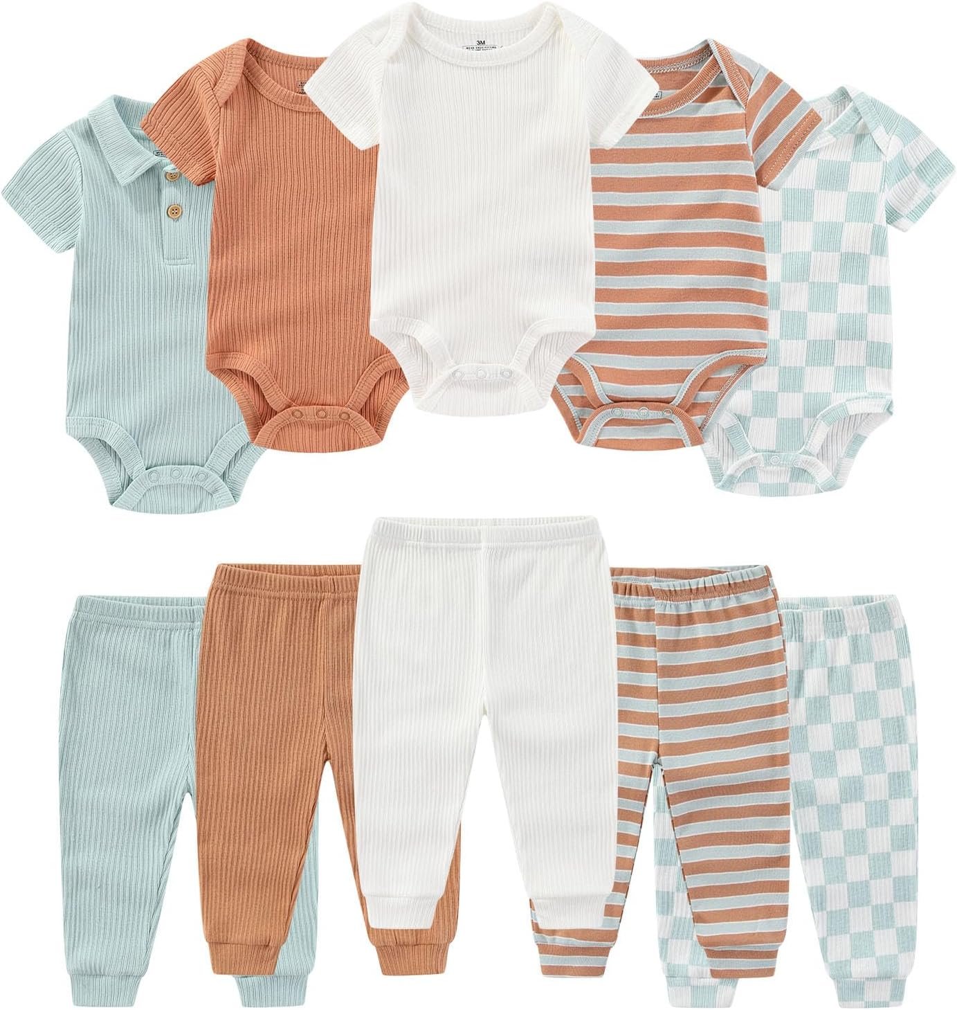 Ruliby Baby Bodysuit and Pant Set Summer Ribbed Mix Match Infant Boy Girl Clothes Outfits