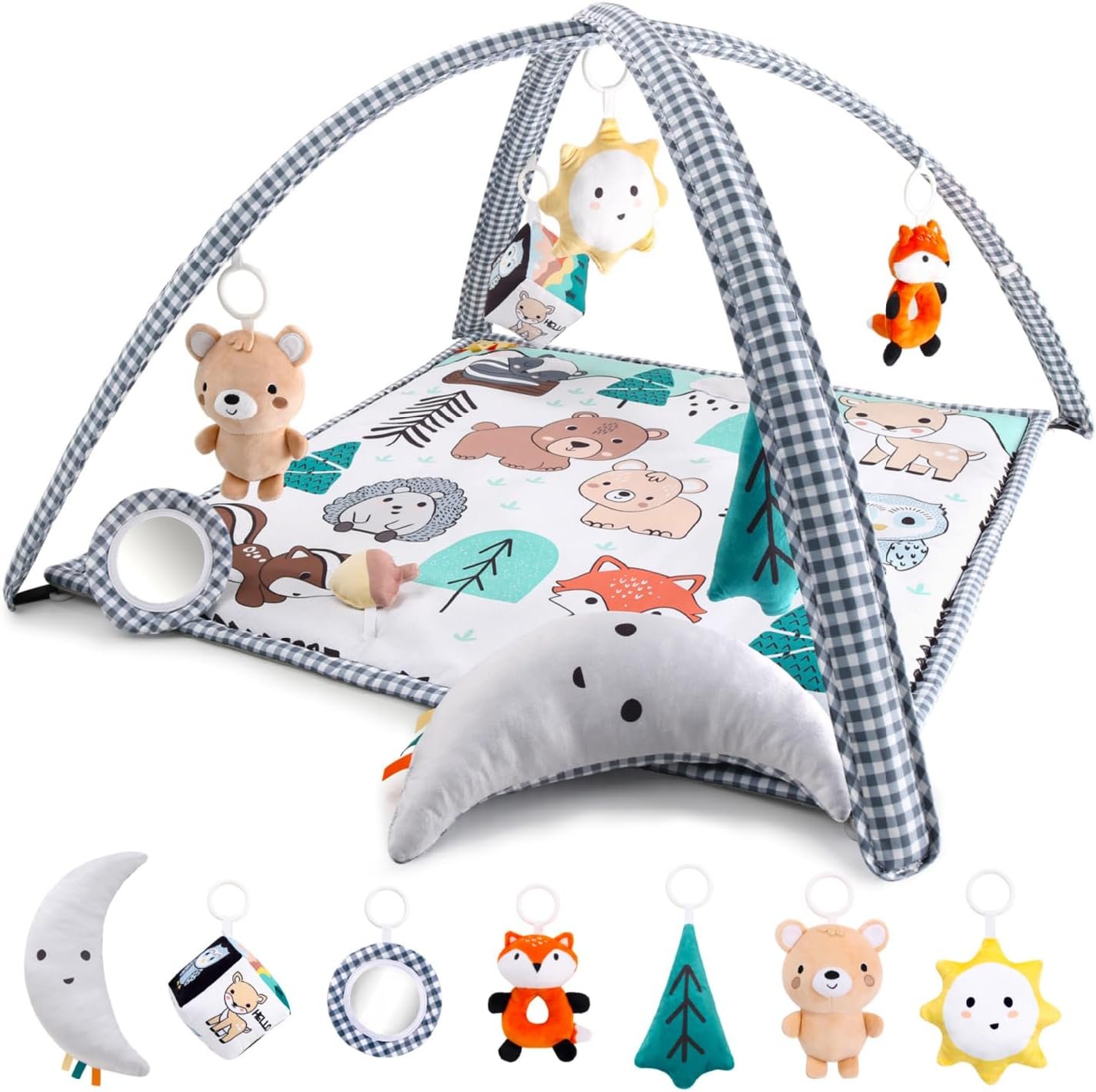 The Peanutshell Unisex Baby Play Gym & 7-in-1 Play Mat – Playmat Baby Toys 0-6, 6-12 Months Tummy Time Mat with Hanging Toys, Soft Padded for Newborns, Infants – Woodland