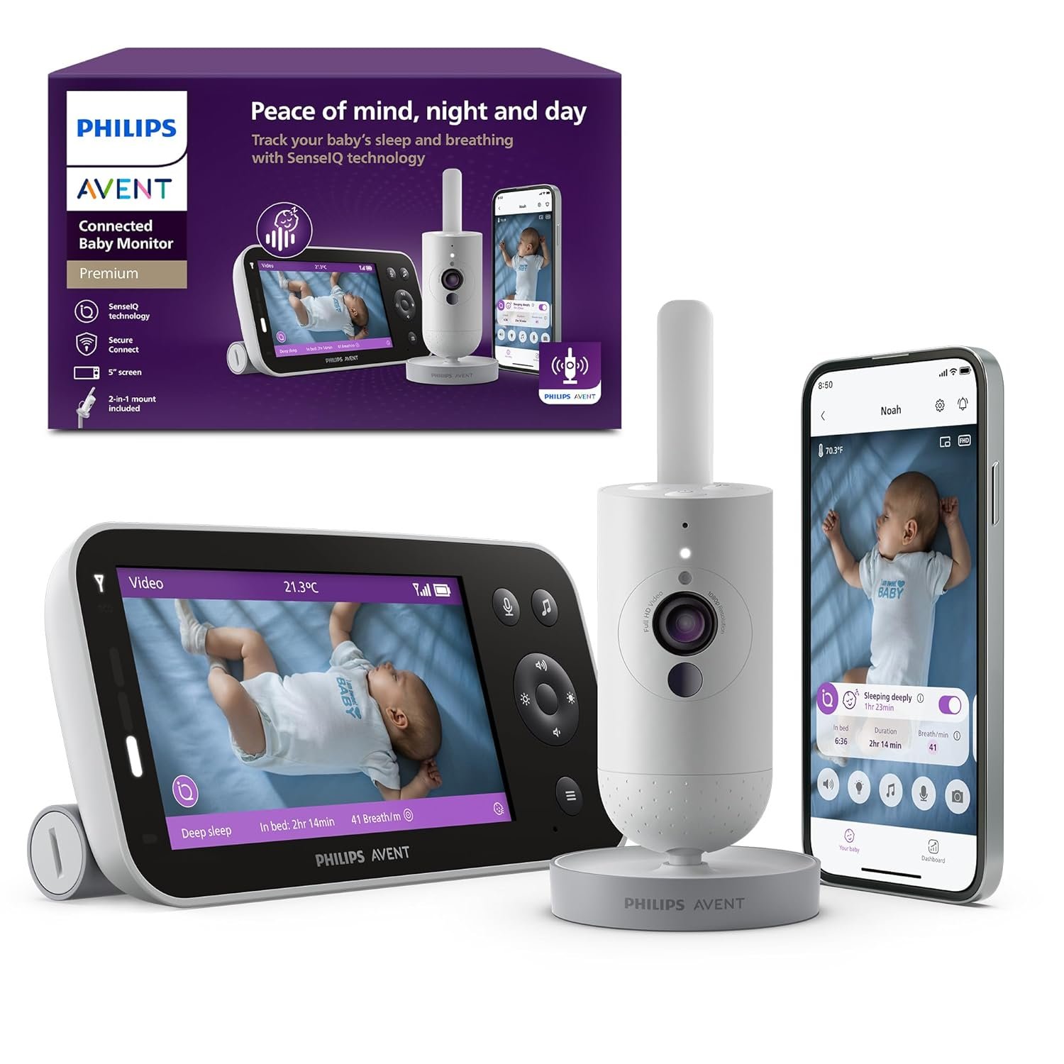 Philips Avent Premium Connected Baby Monitor, Smart Baby Monitor with App, 1080p Camera, SenseIQ Sleep & Breathing Motion Tracking, Cry Detection & Translation, Two-Way Audio, Night Vision, SCD973/37