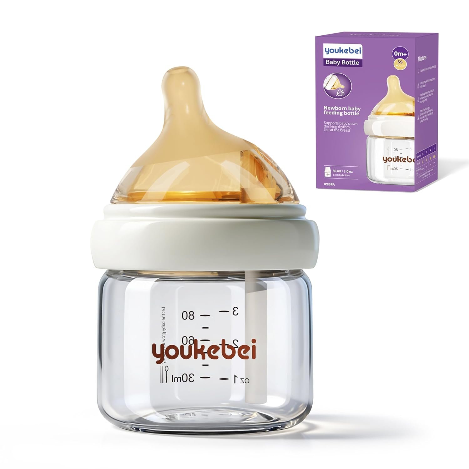 Glass Baby Bottle for Newborns – Anti-Colic, BPA-Free, Safe Glass Baby Bottle with Slow Flow Nipple(SS), Breastfeeding Friendly, 0 Months+, 3oz