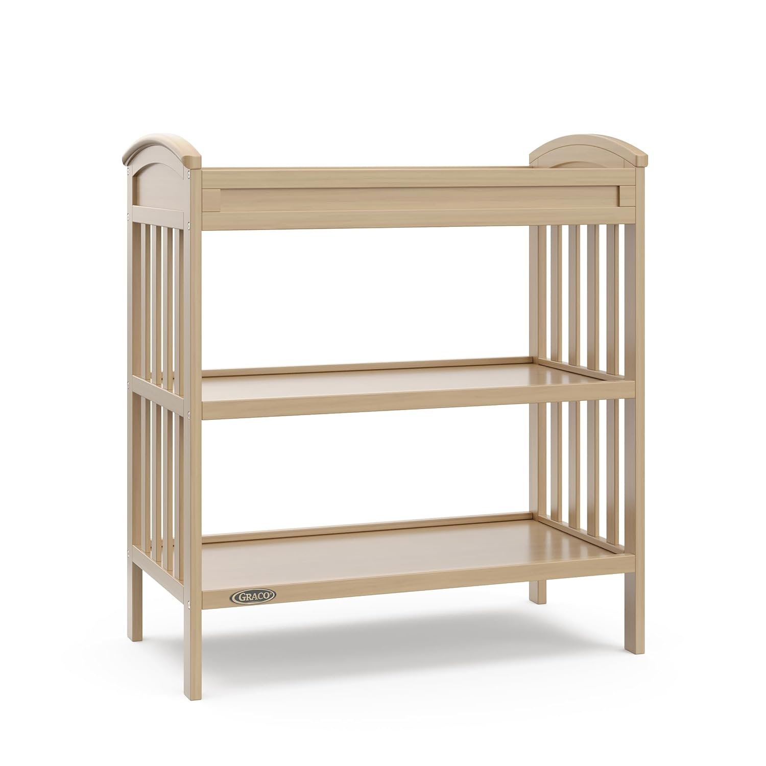 Graco Benton Changing Table with Bonus Water-Resistant Changing Pad (Driftwood) – GREENGUARD Gold Certified, Includes Diaper Change Pad with Safety Strap, 2 Open Storage Shelves for Organizing
