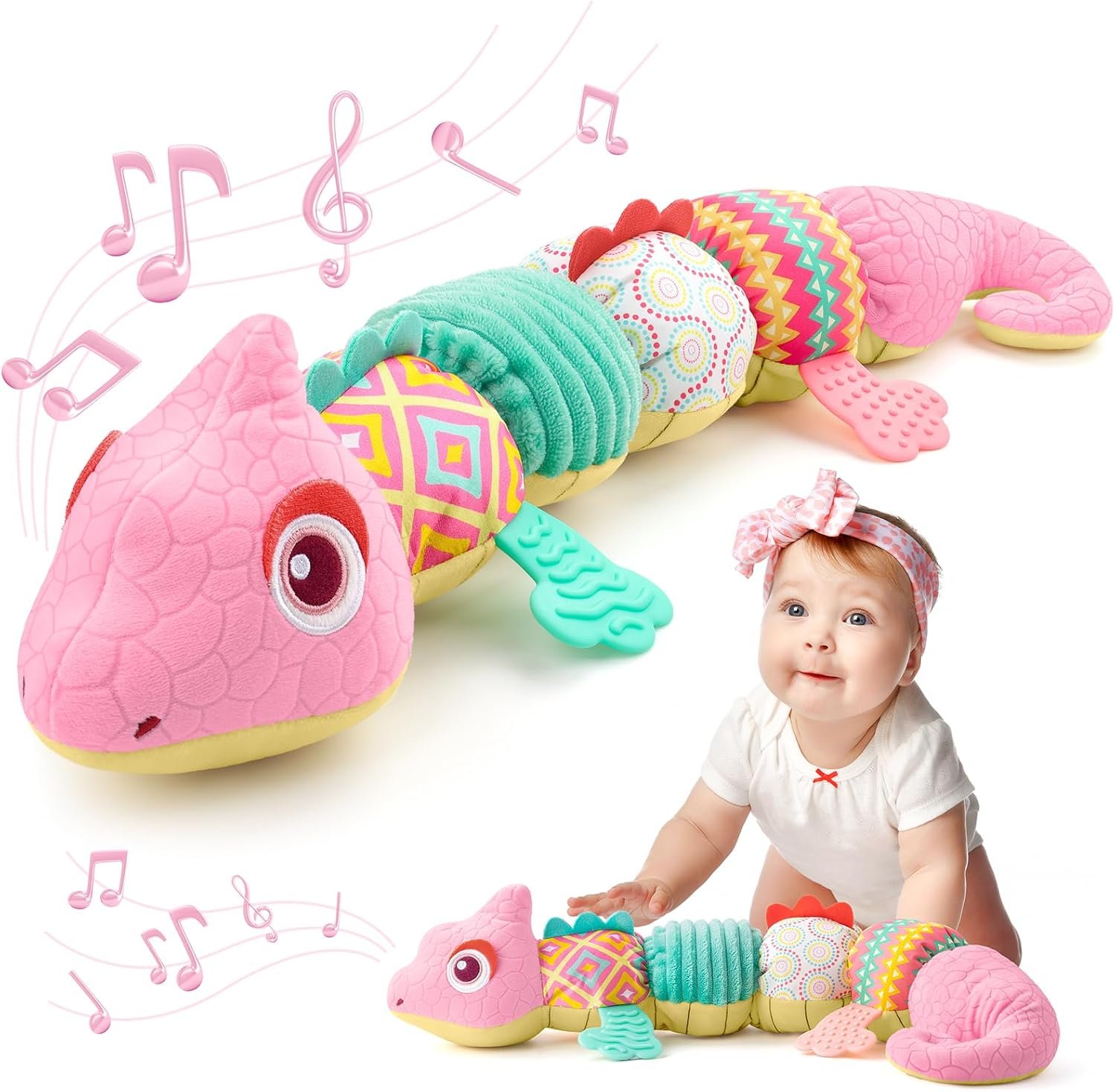 AWOTOY Baby Toys Sensory Musical Stuffed Animal Activity Soft Infant Toys 0-6-12 Month with Multi-Sensory Crinkle,Rattles&Textures,Baby Girl Toys Easter Gifts Newborn Tummy Time Easter Basket Stuffer