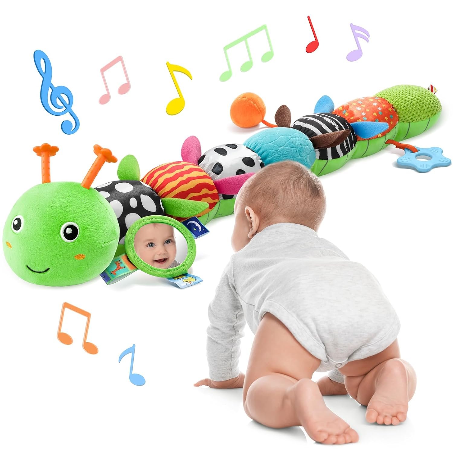 AWOTOY Baby Toys 6-12 Months Music Caterpillar Infant Toys Stuffed Animals 0-3-6 Months Tummy Time Teething Sensory Toys with Mirror Rattle&Pull String Boys Girls Shower Birthday Gifts