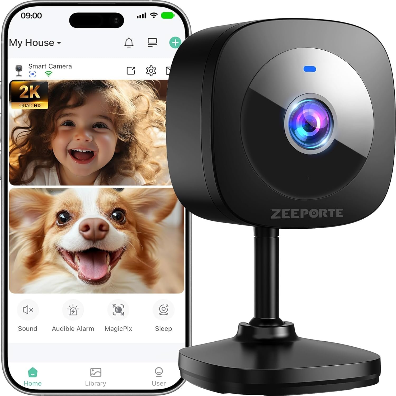 ZEEPORTE 2K Indoor Cameras for Home Security – Baby Monitor and Dog Pet Camera with Motion Detection, 2-Way Audio, Night Vision, Siren, Wired Security Camera – Compatible with Alexa and Google Home