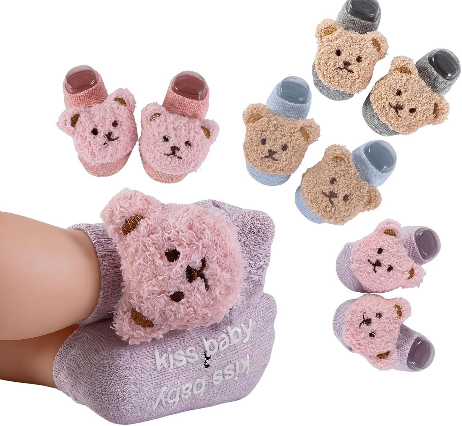 Baby Socks Non-Slip Grips for Babies with 3D Bear Grips Cotton Infant Toddler Ankle Socks 0-12 Months
