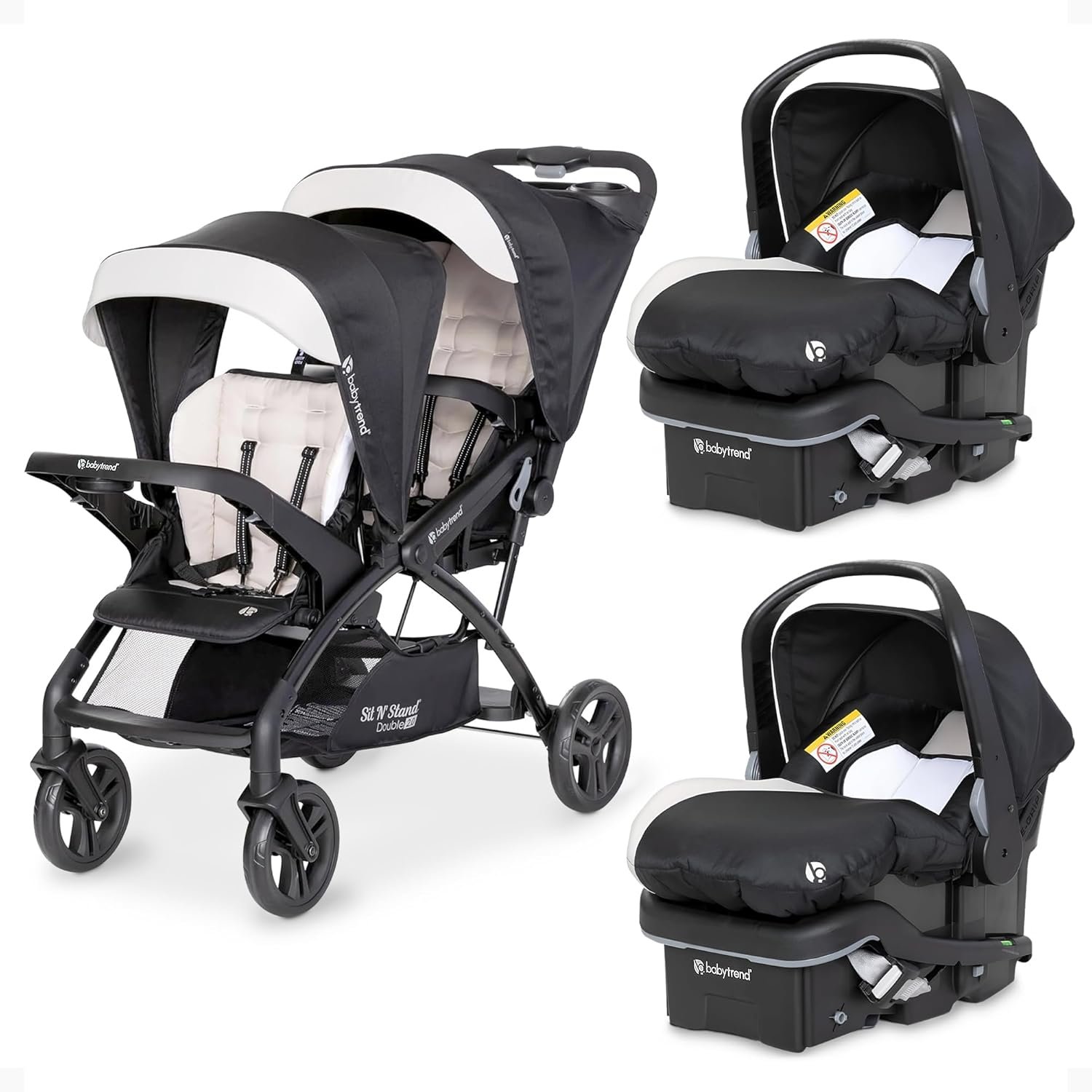 Baby Trend Sit N Stand Double Stroller & 2-Pack EZ Lift Plus Infant Car Seat, Modern Khaki – Convertible Tandem Travel System Combo for Newborn and Toddler, Foldable and Compact Design